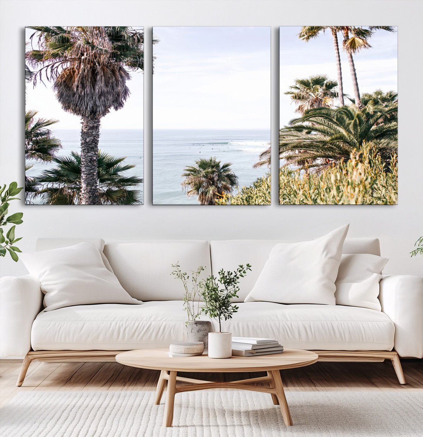 51404565-MGV-CV-60X30-3P-Coastal Palm Trees Wall Art Canvas Print – Framed Ocean Breeze Tropical Scene Artwork for Relaxing Home, Office Decor