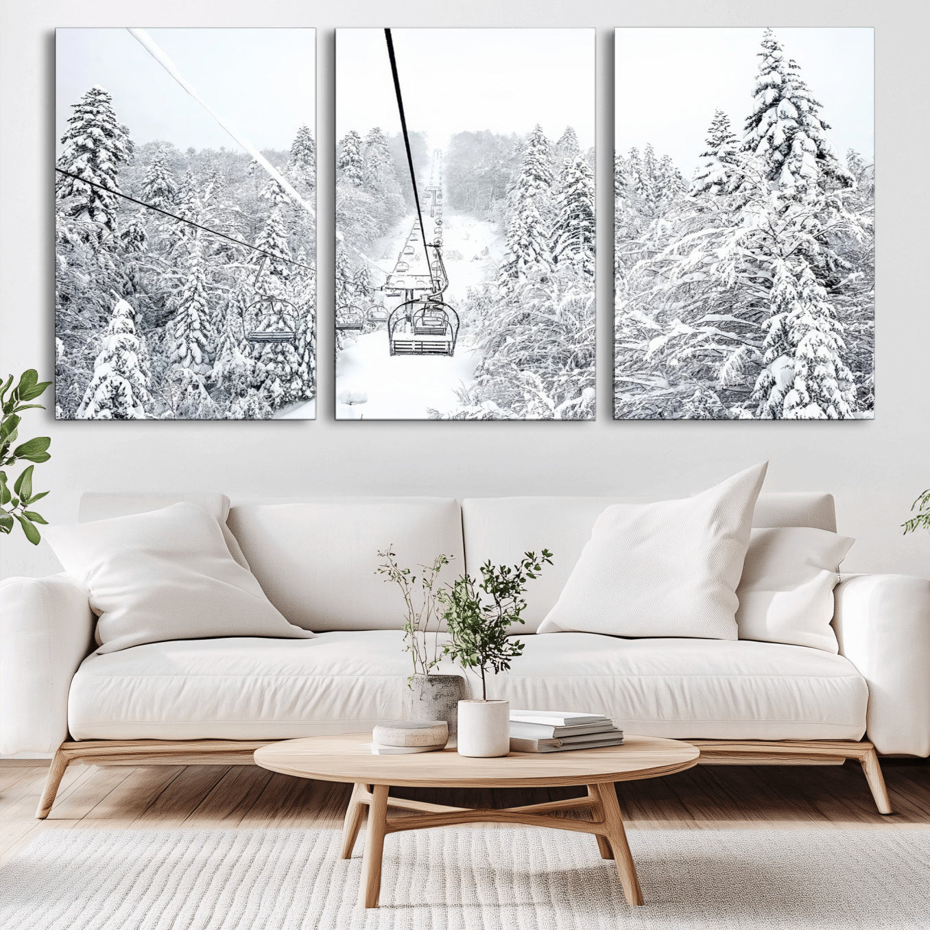 44705668-MGV-CV-36X24-Snowy Ski Lift Wall Art – Framed Winter Mountain Canvas Artwork, Serene Forest Design, Modern Nature Decor for Home, Office