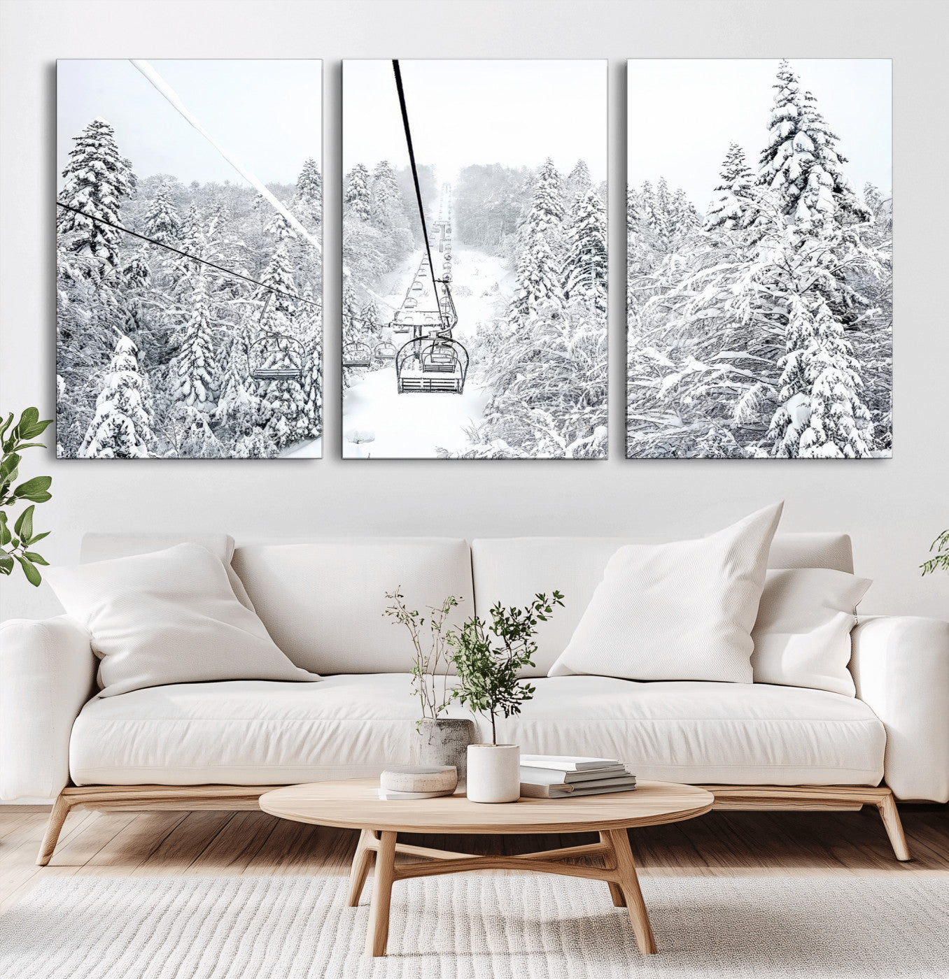 44705668-MGV-CV-36X24-Snowy Ski Lift Wall Art – Framed Winter Mountain Canvas Artwork, Serene Forest Design, Modern Nature Decor for Home, Office