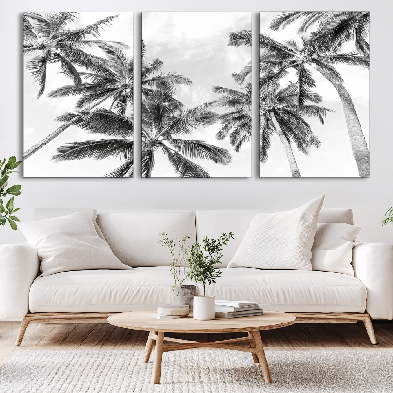 62113786-MGV-CV-60X30-3P-Black and White Palm Wall Art Canvas Print – Framed Monochrome Tropical Beach Scene Artwork for Modern Home, Office Decor