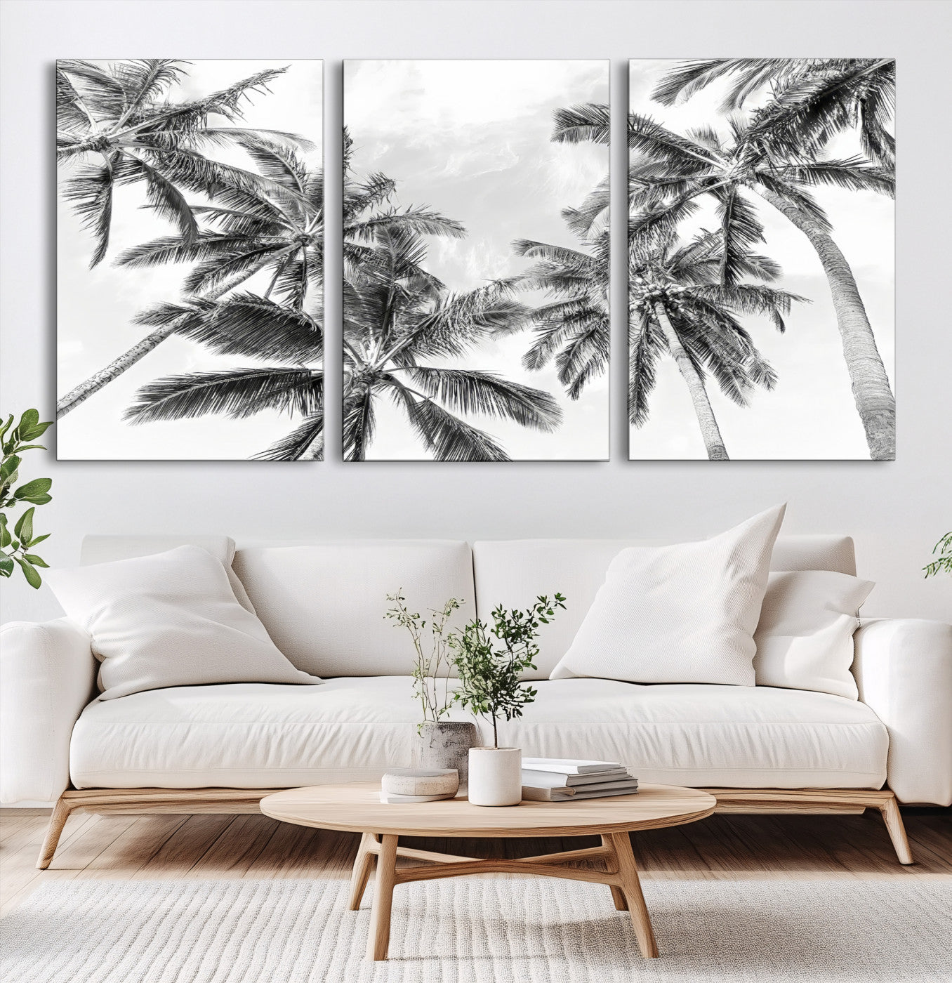 62113786-MGV-CV-60X30-3P-Black and White Palm Wall Art Canvas Print – Framed Monochrome Tropical Beach Scene Artwork for Modern Home, Office Decor