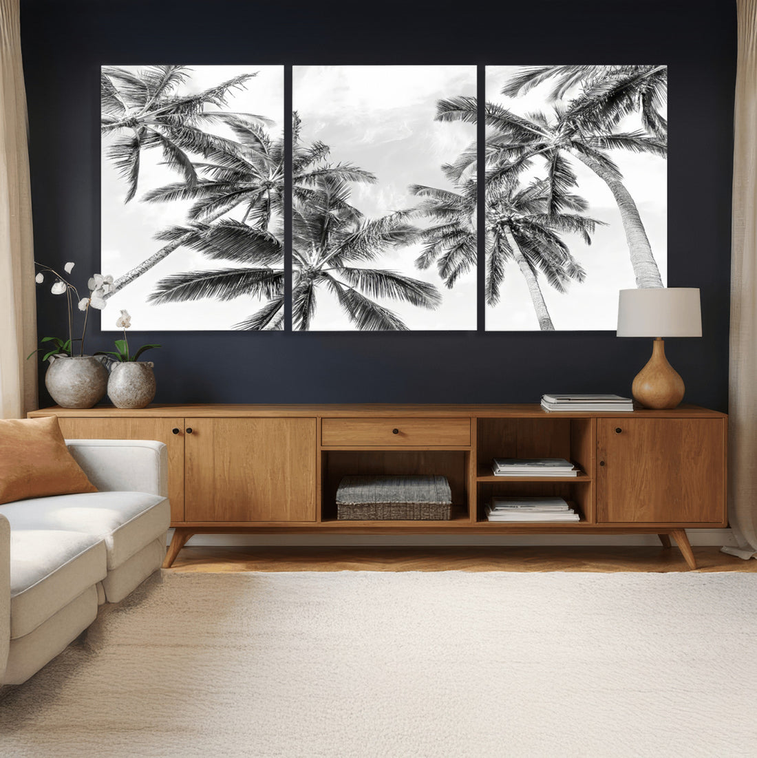 Black and White Palm Wall Art Canvas Print | Framed Monochrome Tropical Beach