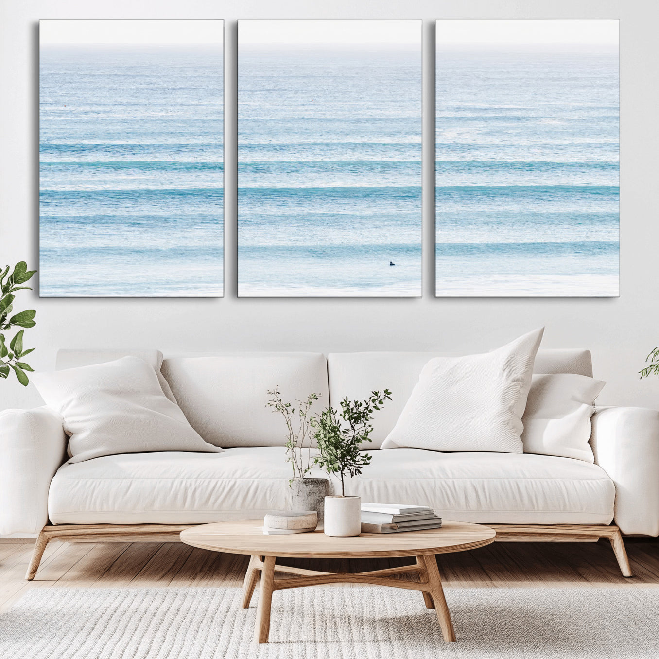 77145995-MGV-CV-36X24-Ocean Wave Surfer Wall Art – Framed Minimal Seascape Canvas Artwork, Calm Blue Water Design, Coastal Decor for Home, Office