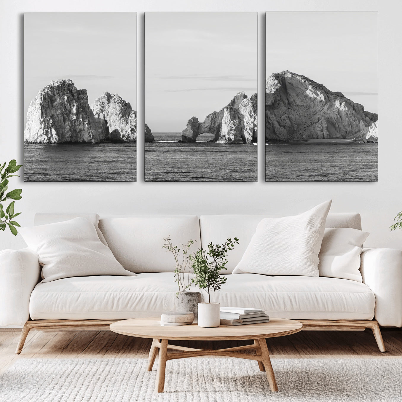 MGV-CV-60X30-3P - Rugged Coastline Wall Art Canvas Print, Framed Ocean Cliffs Art Picture Print, Monochrome Seascape Perfect Coastal Minimalist Decor Artwork