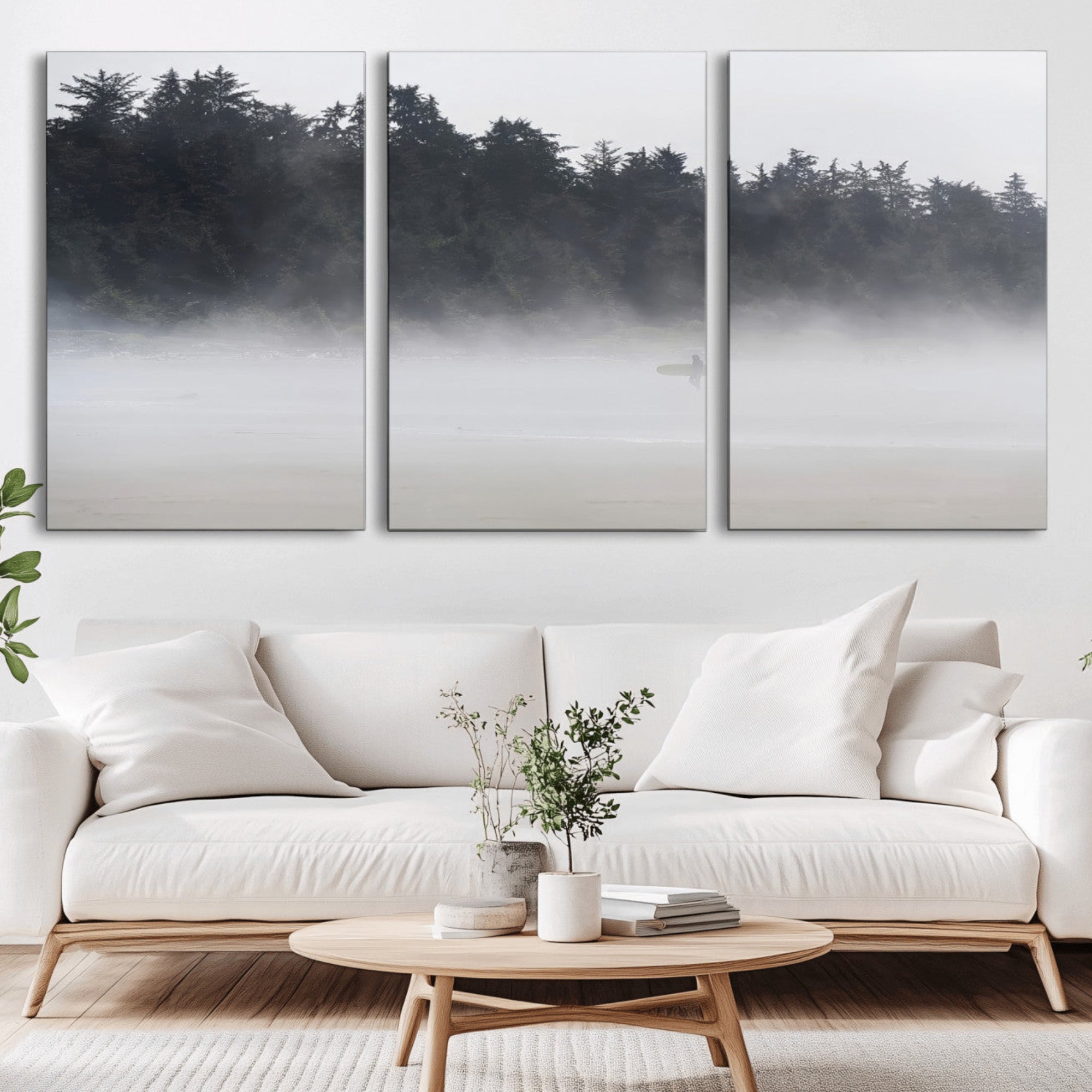 59703275-MGV-CV-36X24-Surfer Fog Wall Art Canvas Print – Framed Foggy Beach Scene with Coastal Surf Artwork for Home, Office, Living Room