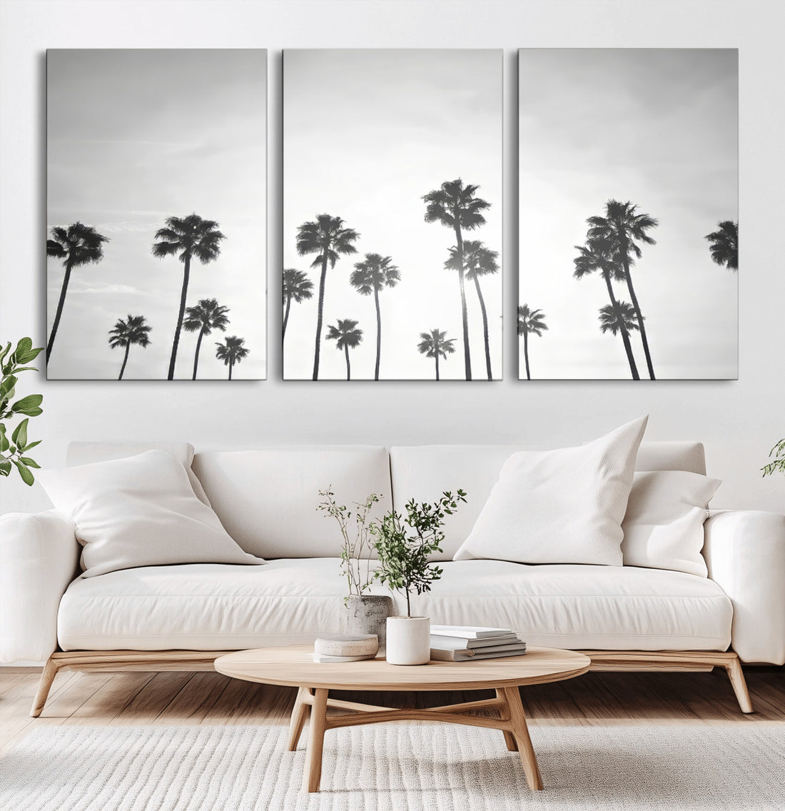 Minimalist Palms Wall Art Canvas Print, Framed Monochrome Silhouetted Palm Trees