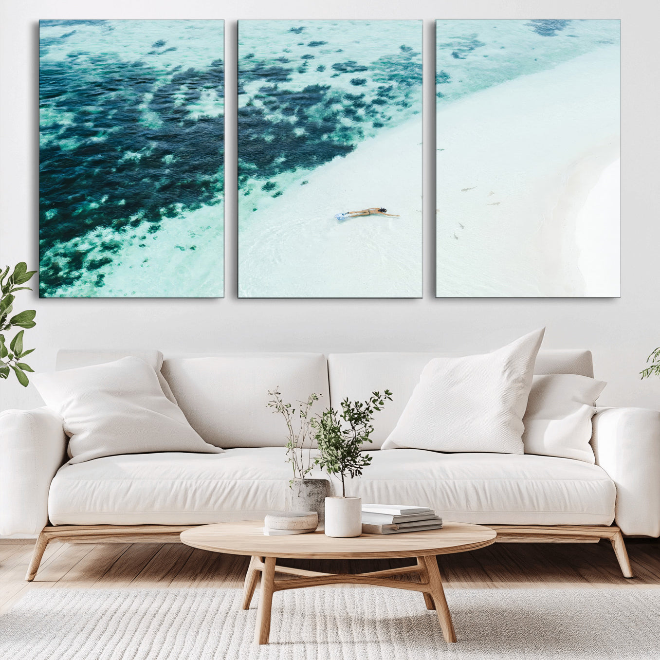33764764-MGV-CV-36X24-Minimal Beach Wall Art – Framed Ocean Swimming Canvas Artwork, Clear Blue Sea Design, Modern Coastal Decor for Home, Office