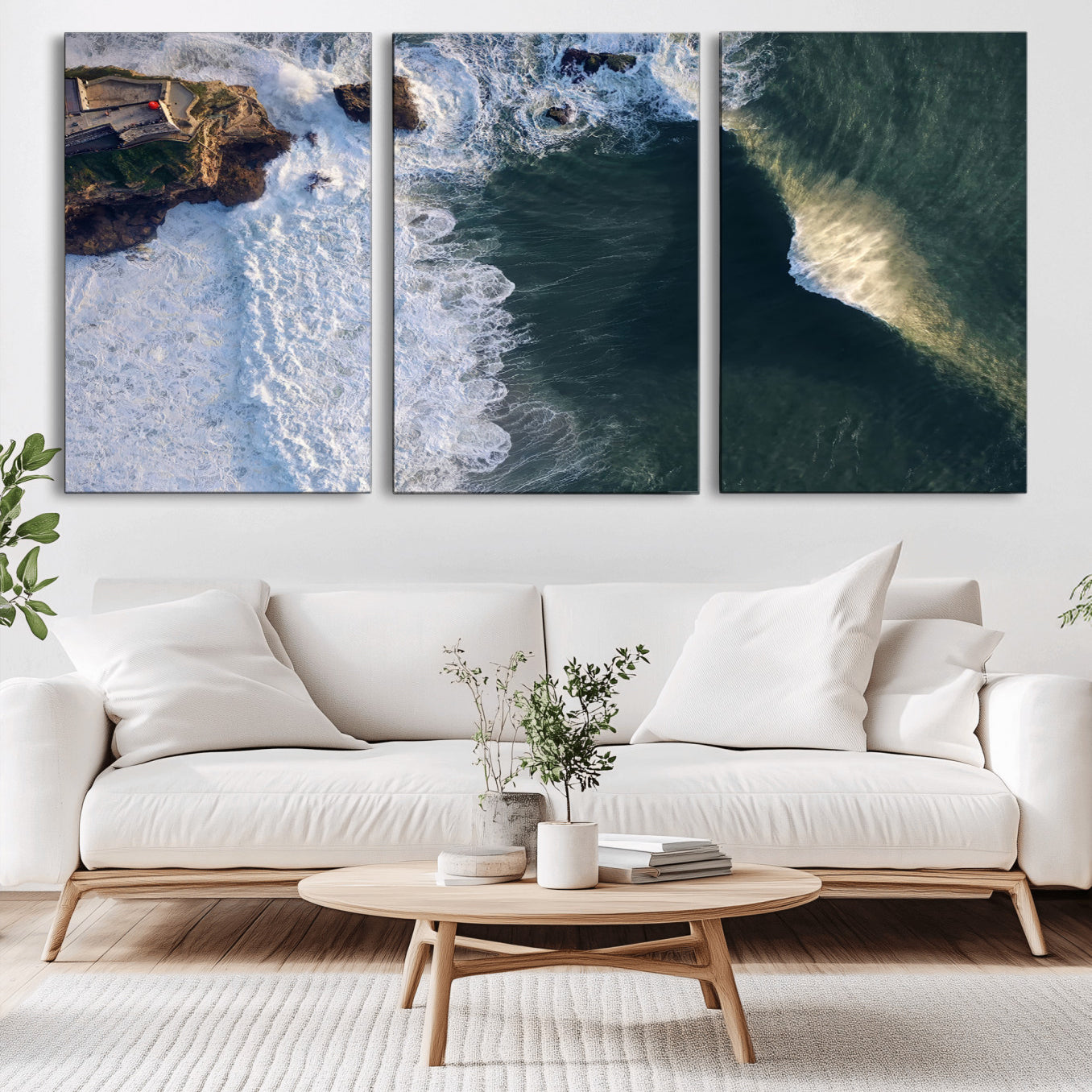 MGV-CV-60X30-3P - Nazaré Coast Wall Art Canvas Print, Framed Aerial Ocean Art Picture Print, Coastal Fortress Perfect Dramatic Coastal Decor Artwork