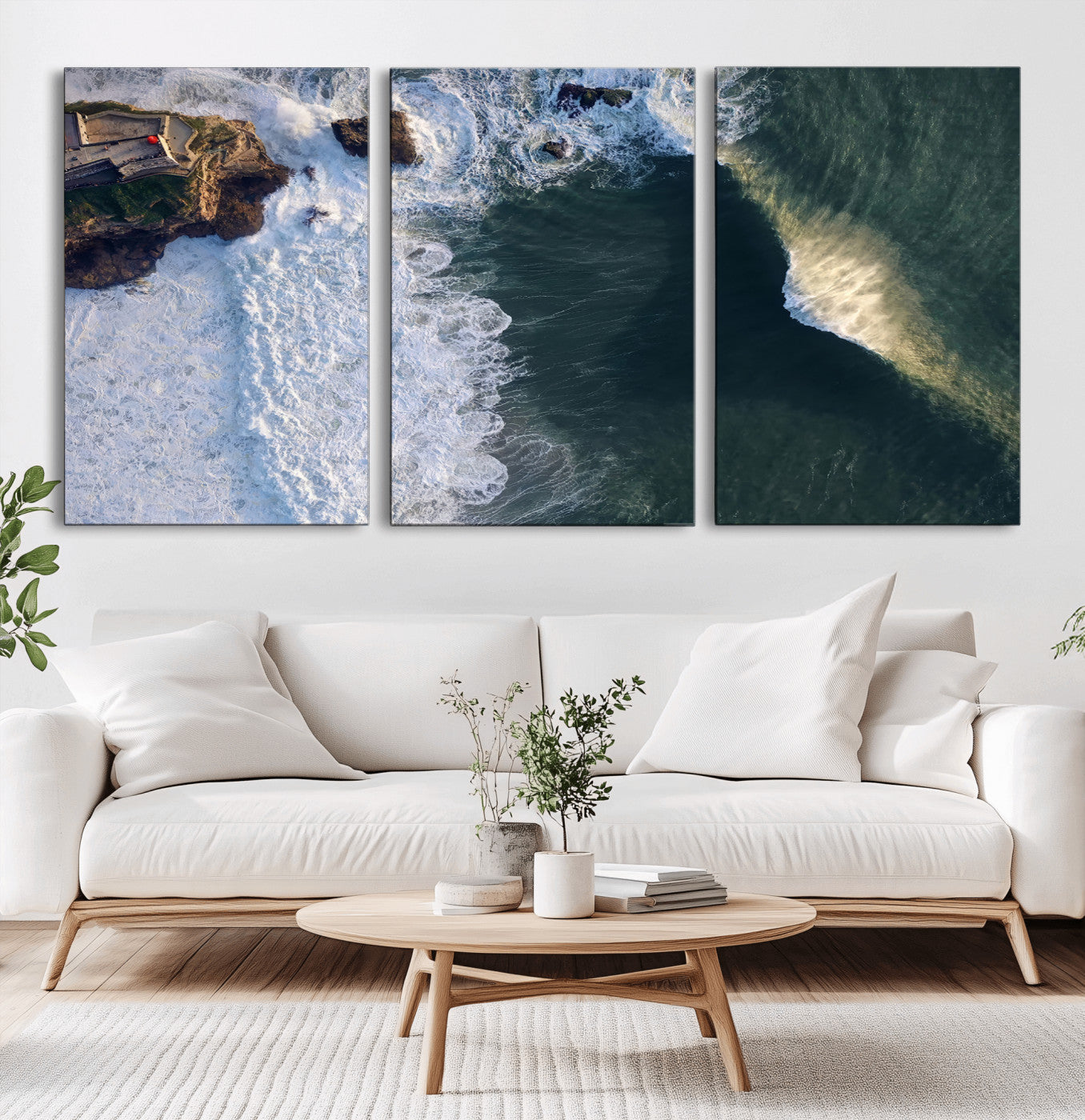 MGV-CV-60X30-3P - Nazaré Coast Wall Art Canvas Print, Framed Aerial Ocean Art Picture Print, Coastal Fortress Perfect Dramatic Coastal Decor Artwork