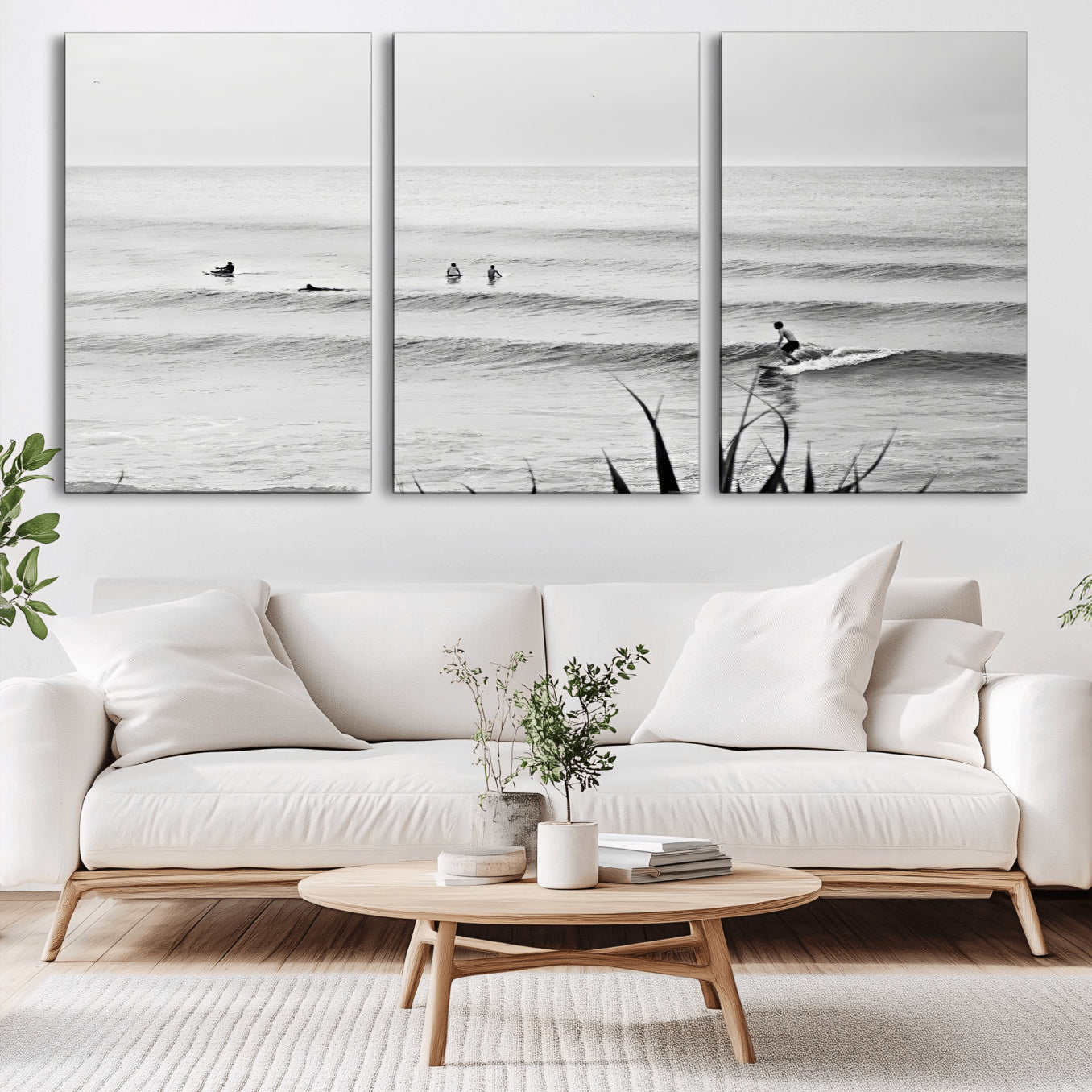 33821421-MGV-CV-36X24-Surfer Silhouette Wall Art – Framed Calm Ocean Canvas Artwork, Monochrome Minimal Design, Modern Coastal Decor for Home, Office