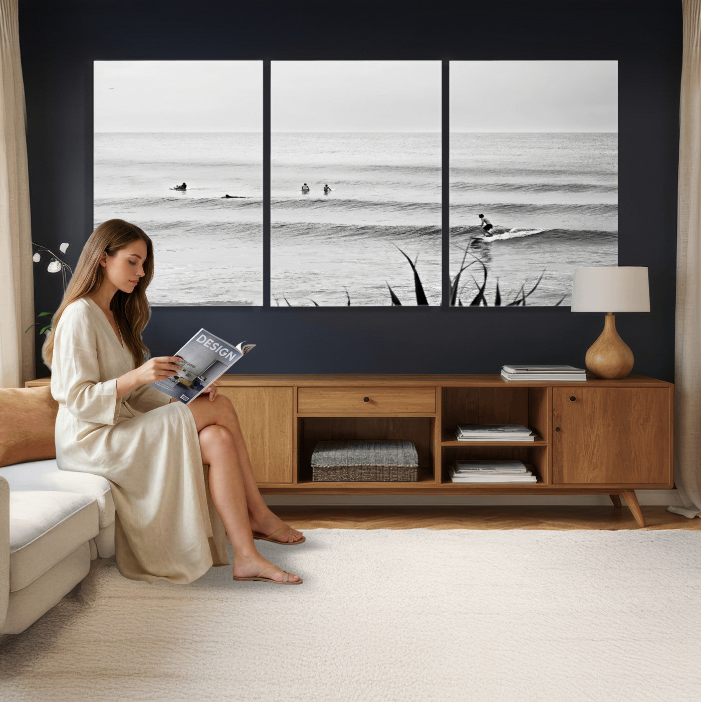 33821421-MGV-CV-36X24 - Surfer Silhouette Wall Art Canvas Print, Framed Calm Ocean Art Picture Print, Monochrome Surf Minimalist Coastal Decor Artwor