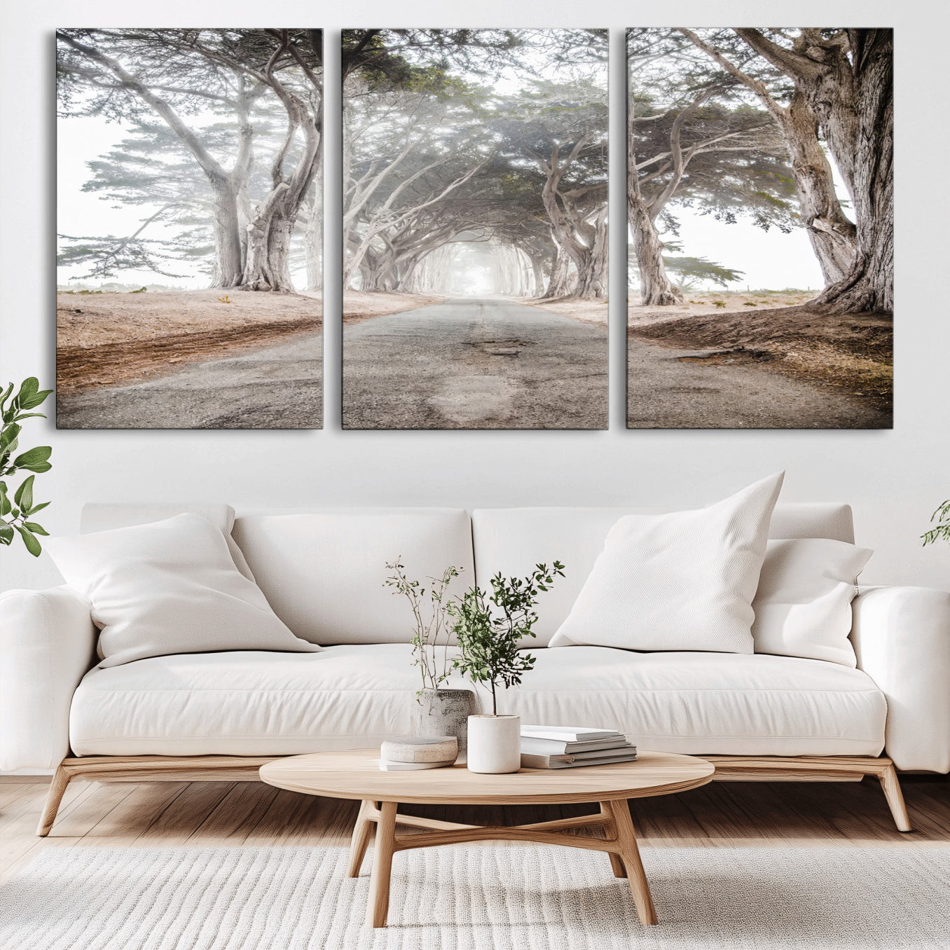 87090469-MGV-CV-36X24-Cypress Tunnel Wall Art – Framed Misty Road Canvas Artwork, Foggy Trees Design, Rustic Woodland Nature Decor for Home, Office