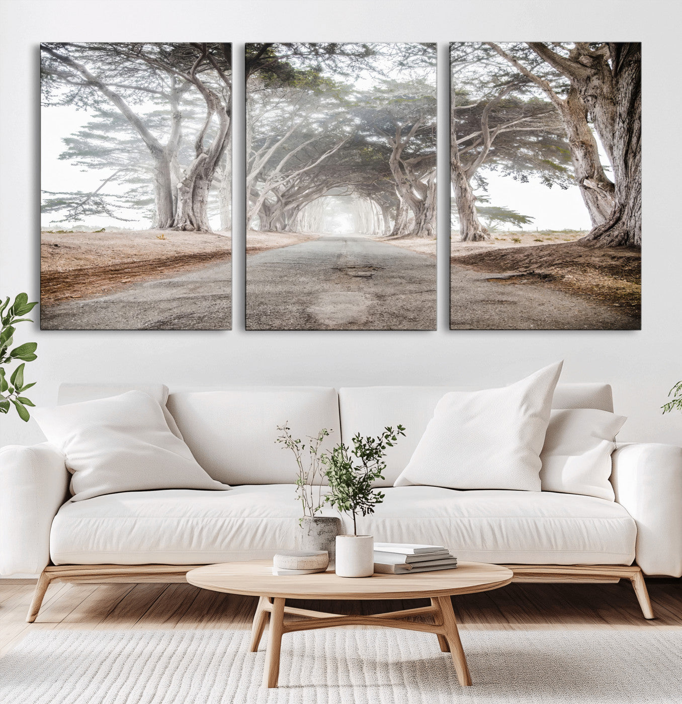 87090469-MGV-CV-36X24-Cypress Tunnel Wall Art – Framed Misty Road Canvas Artwork, Foggy Trees Design, Rustic Woodland Nature Decor for Home, Office