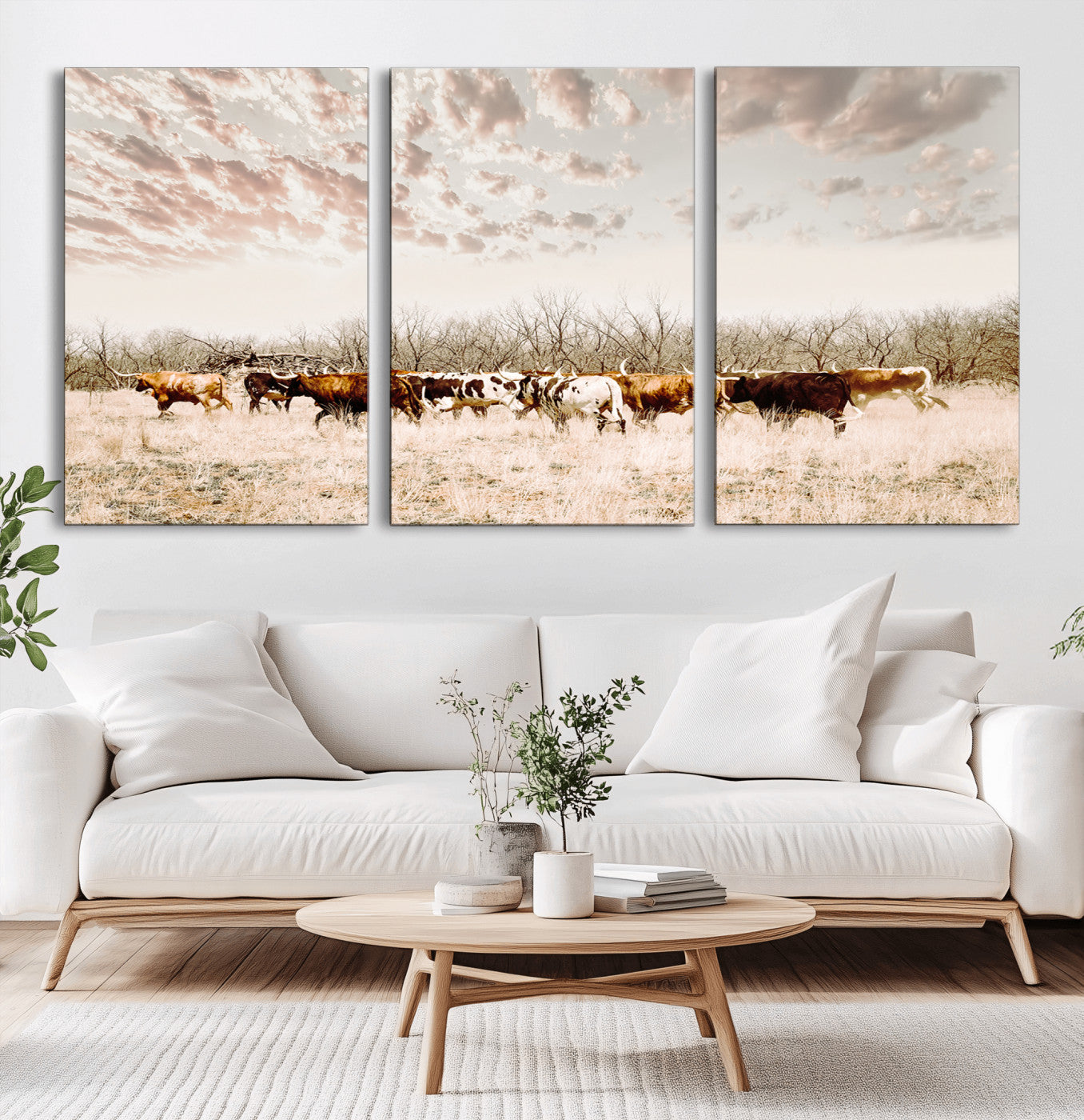 64892775-MGV-CV-36X24-Longhorn Cattle Wall Art Canvas Print – Framed Texas Ranch Scene with Western Cow Artwork for Home, Office