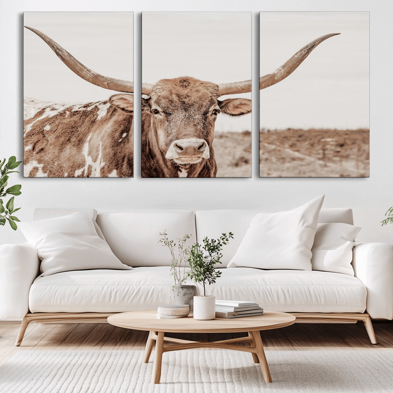 -Longhorn Cow Wall Art Canvas Print, Framed Texas Ranch Art Picture Print, Western Bull Perfect County Decor Artwork