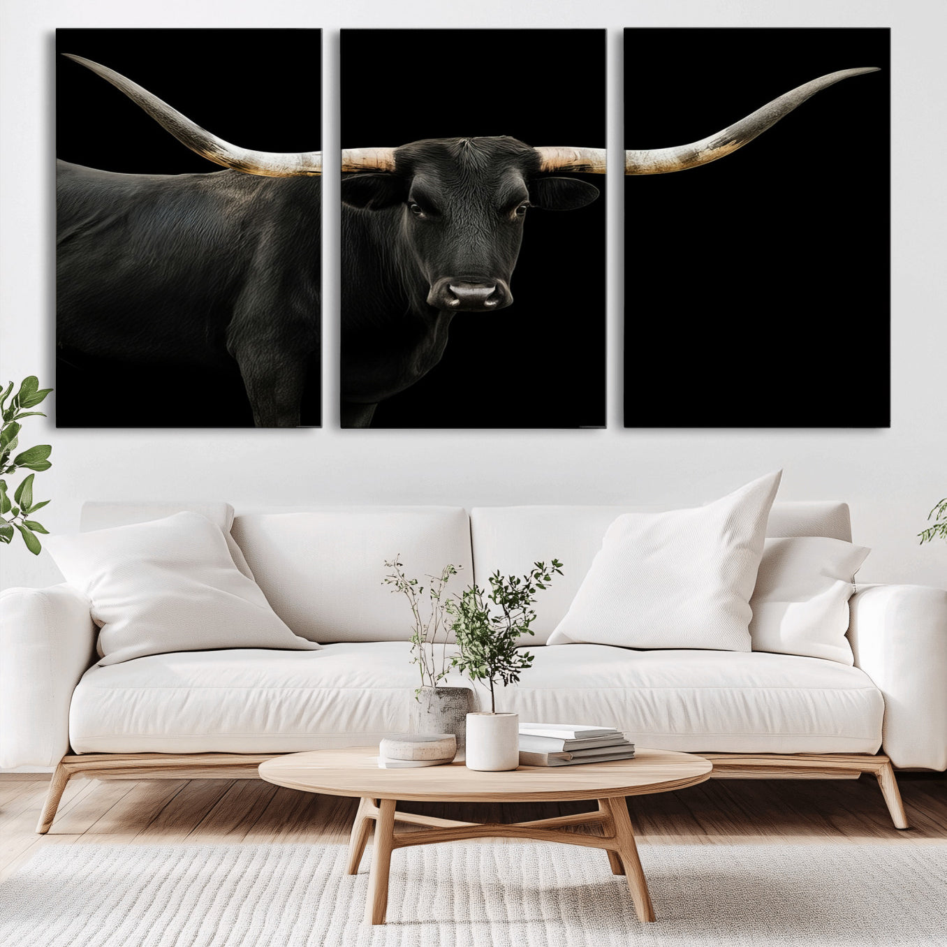 99448328-MGV-CV-36X24-Longhorn Cattle Wall Art Canvas Print – Framed Texas Ranch Scene with Western Cow Artwork for Home, Office, Living Room