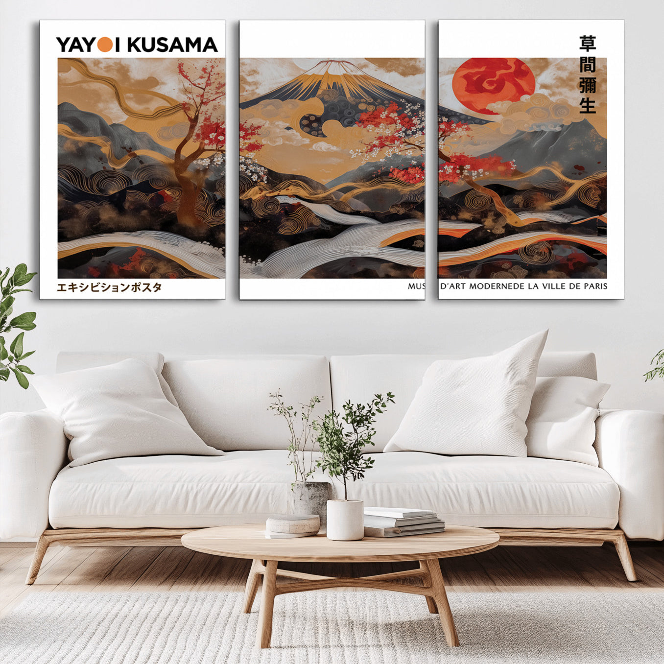 40959107-MGV-CV-36X24-Modern Japanese Wall Art Canvas Print – Framed Abstract Mount Fuji Scene Inspired Yayoi Kusama for Home, Office