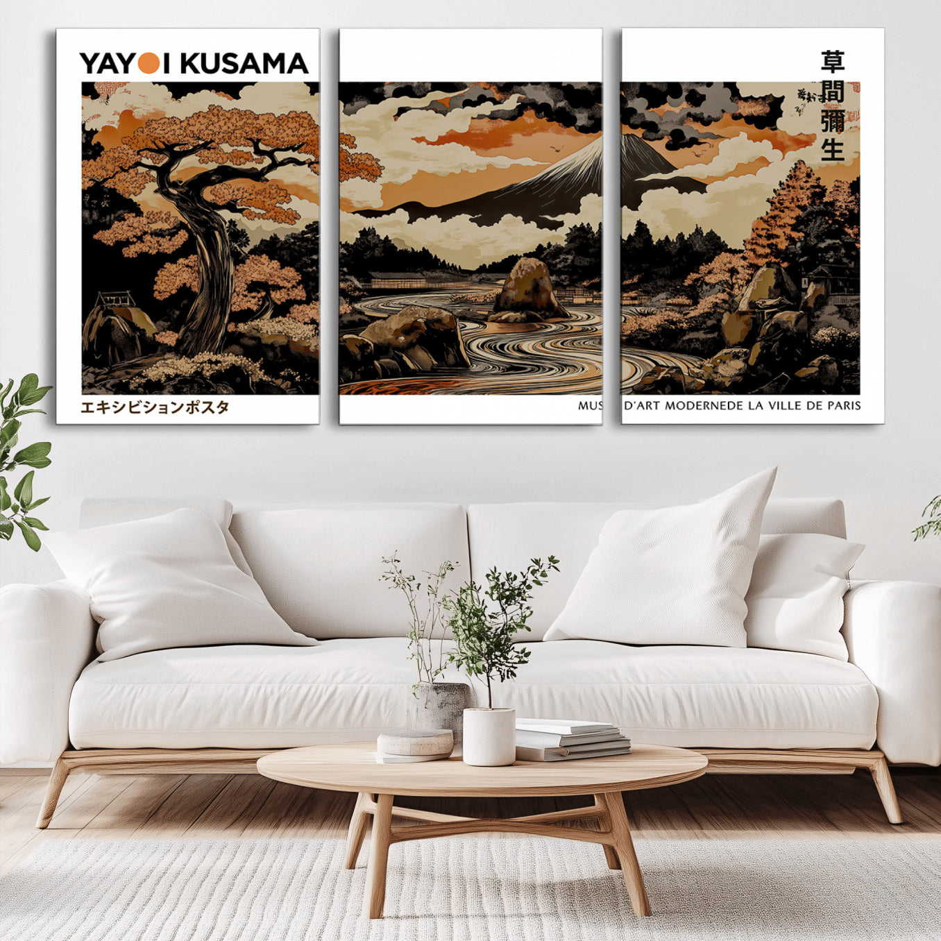 96372548-MGV-CV-36X24-Modern Japanese Wall Art Canvas Print – Framed Abstract Mount Fuji Scene with Yayoi Kusama Style Artwork for Home, Office