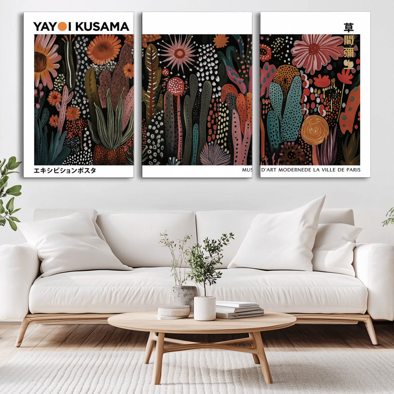 70632622-MGV-CV-36X24-Modern Japanese Wall Art Canvas Print – Framed Abstract Mount Fuji Scene with Yayoi Kusama Artwork for Home, Office