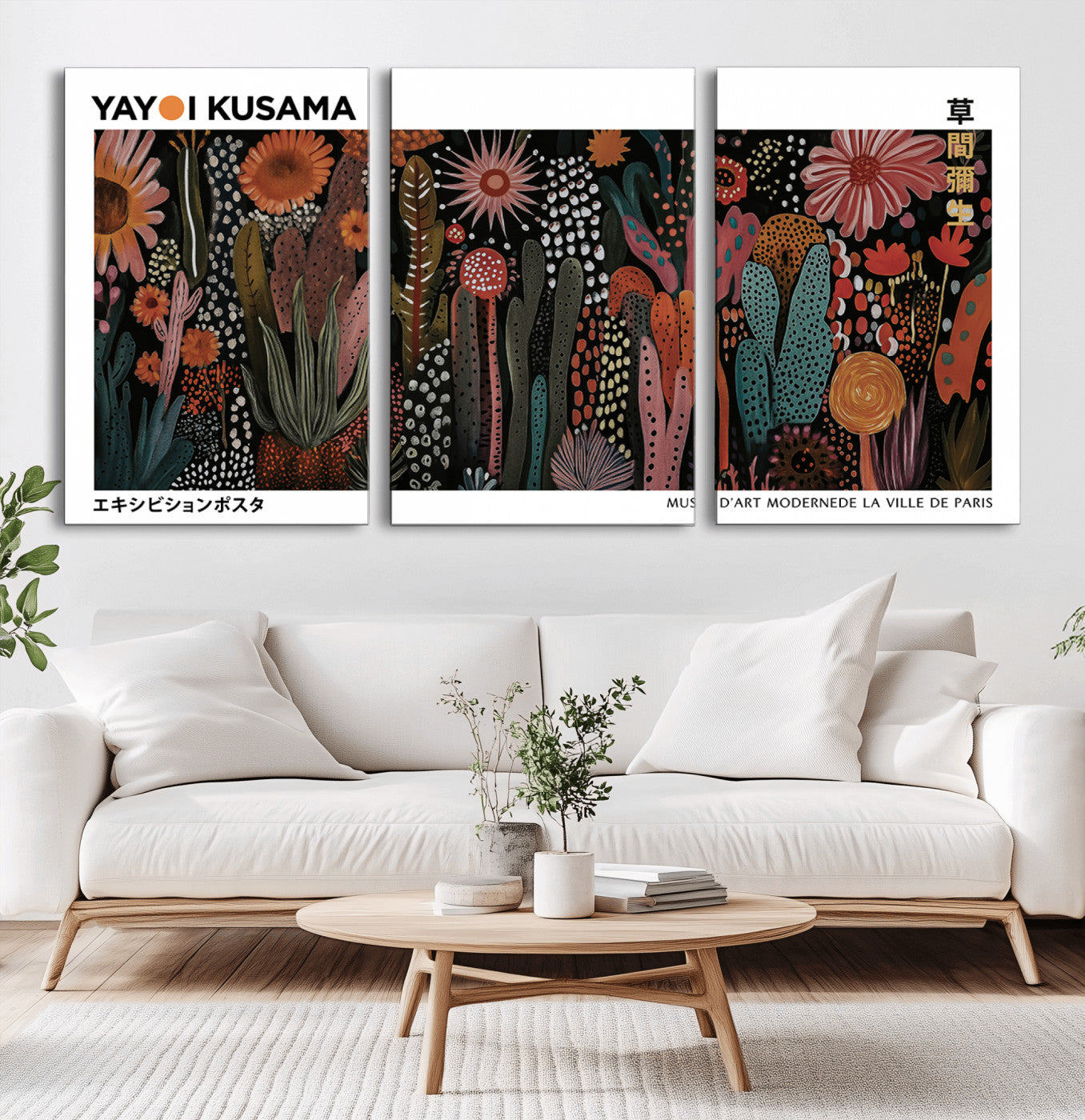 70632622-MGV-CV-36X24-Modern Japanese Wall Art Canvas Print – Framed Abstract Mount Fuji Scene with Yayoi Kusama Artwork for Home, Office