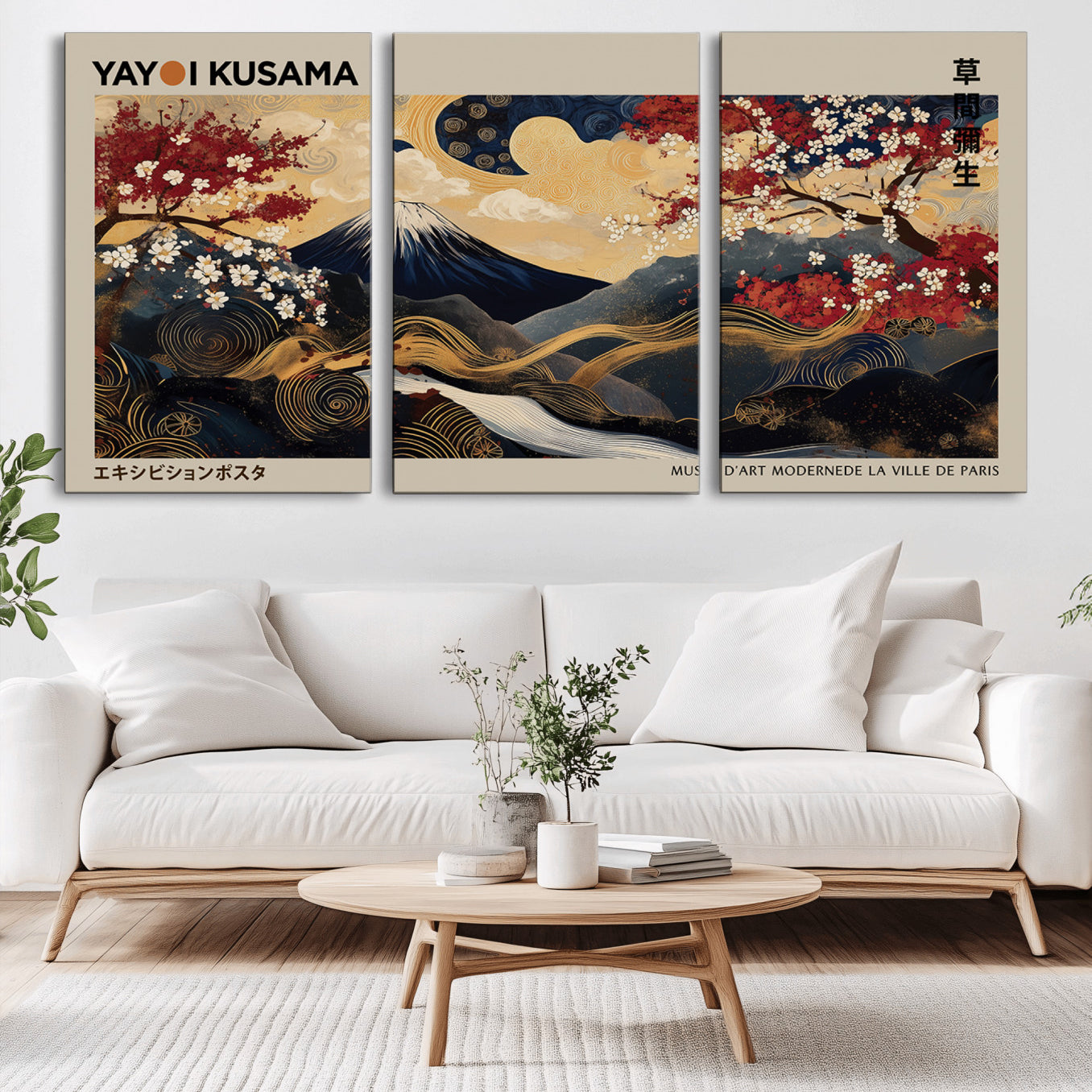 54967195-MGV-CV-36X24-Modern Japanese Wall Art Canvas Print – Framed Abstract Mount Fuji Scene with Yayoi Kusama Japanese Artwork for Home, Office