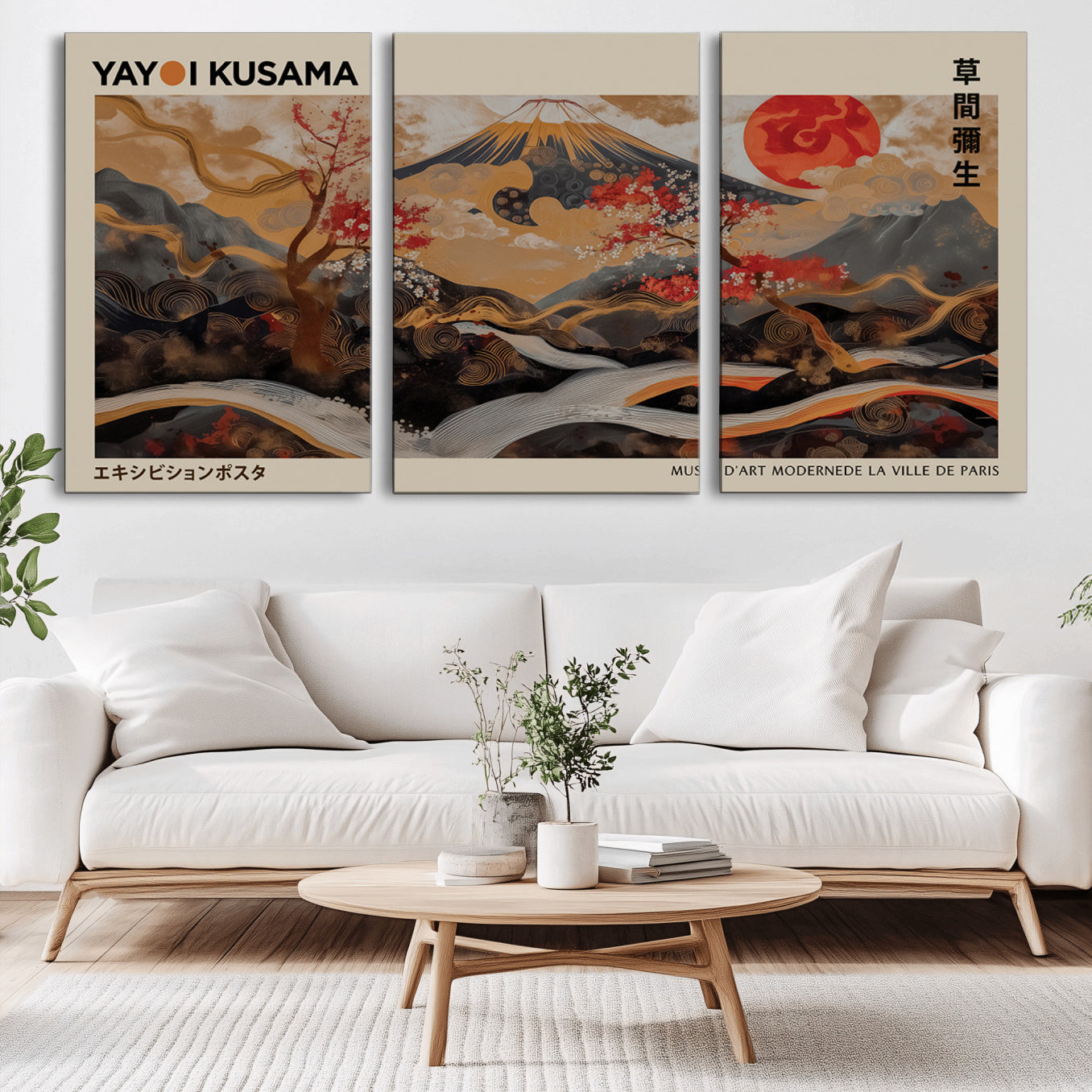 77970791-MGV-CV-36X24-Modern Japanese Wall Art Canvas Print – Framed Abstract Mount Fuji Scene with Yayoi Kusama Artwork for Home, Office