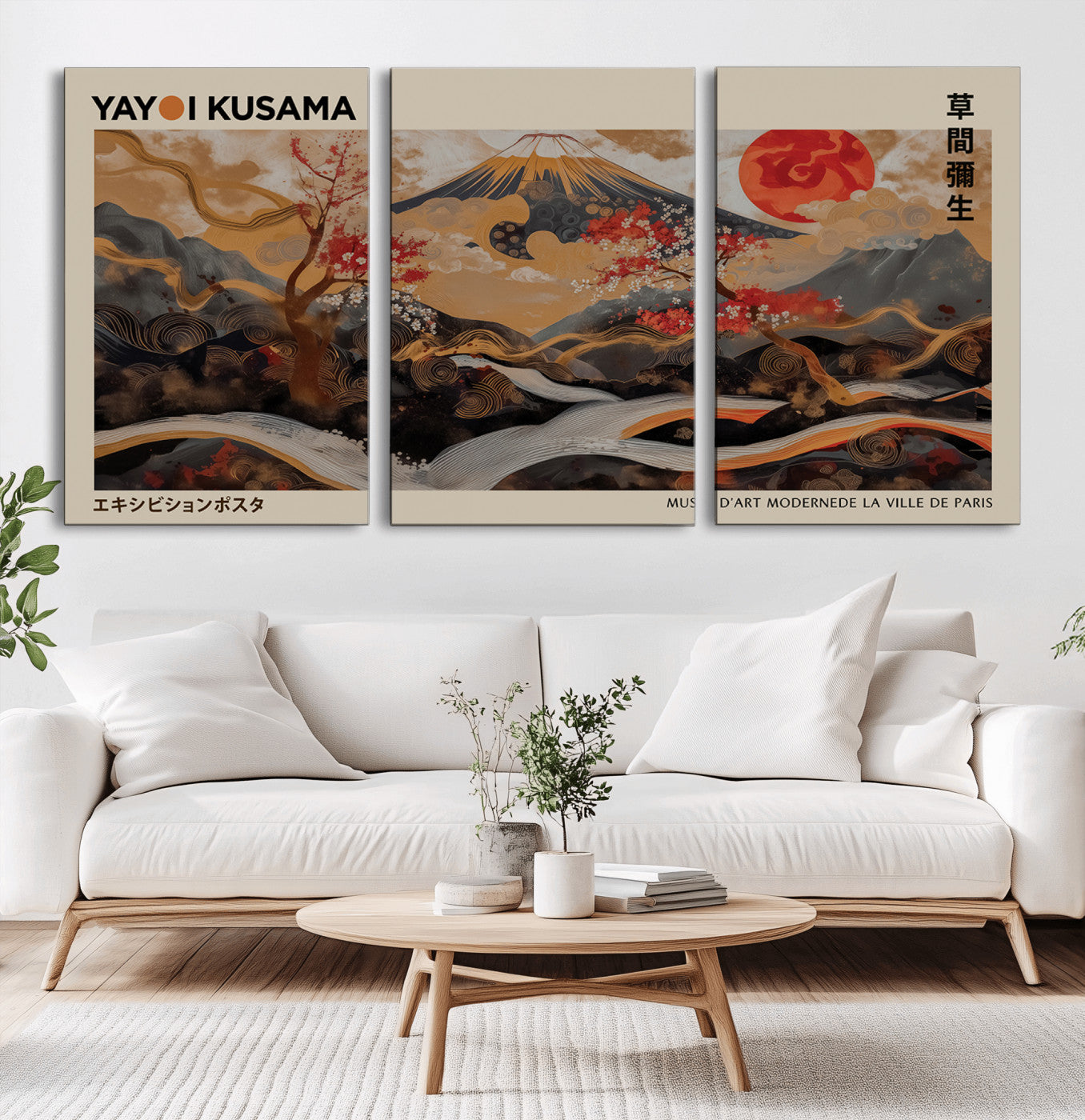 77970791-MGV-CV-36X24-Modern Japanese Wall Art Canvas Print – Framed Abstract Mount Fuji Scene with Yayoi Kusama Artwork for Home, Office