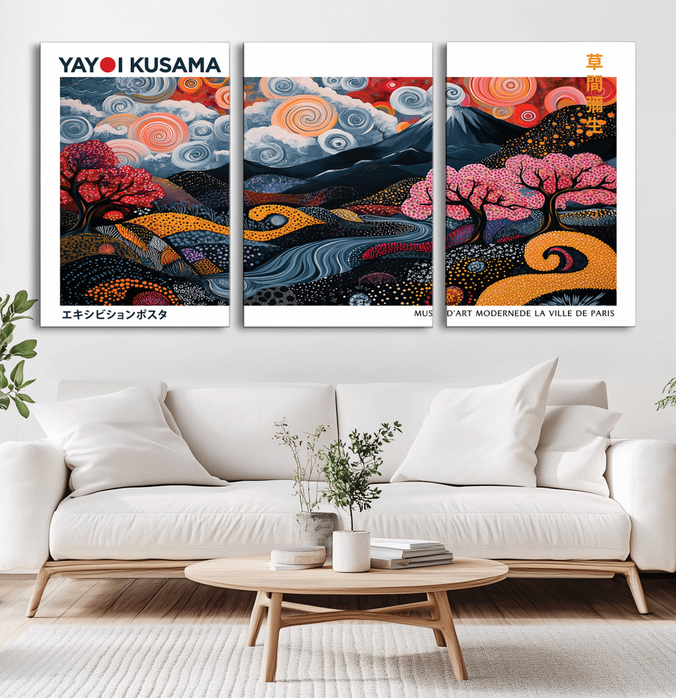 43879290-MGV-CV-36X24-Modern Japanese Wall Art Canvas Print – Framed Abstract Mount Fuji Scene with Yayoi Kusama Artwork for Home, Office