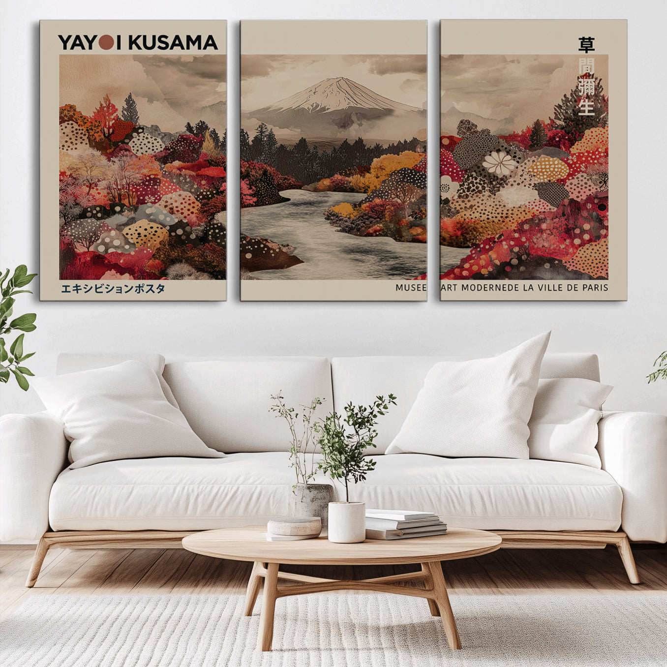 90660838-MGV-CV-36X24-Modern Japanese Wall Art Canvas Print – Framed Abstract Mount Fuji Scene with Yayoi Kusama Artwork for Home, Office