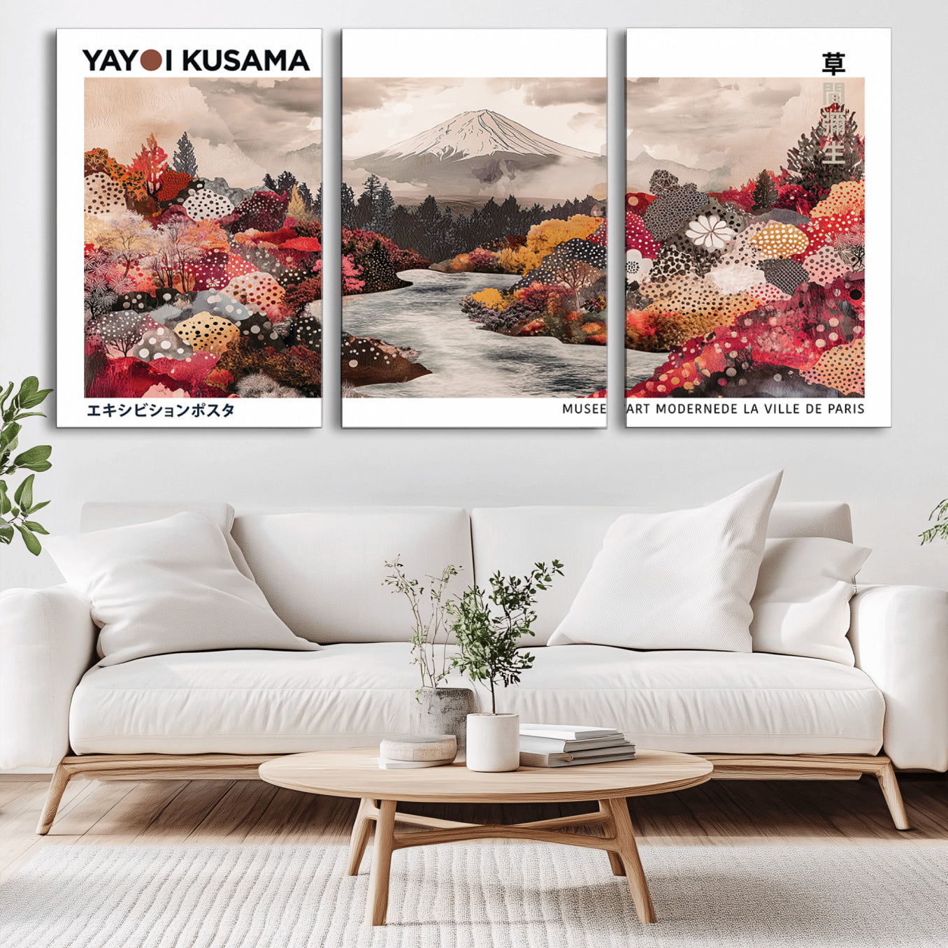 32352074-MGV-CV-36X24-Modern Japanese Wall Art Canvas Print – Framed Abstract Mount Fuji Scene with Yayoi Kusama Artwork for Home, Office