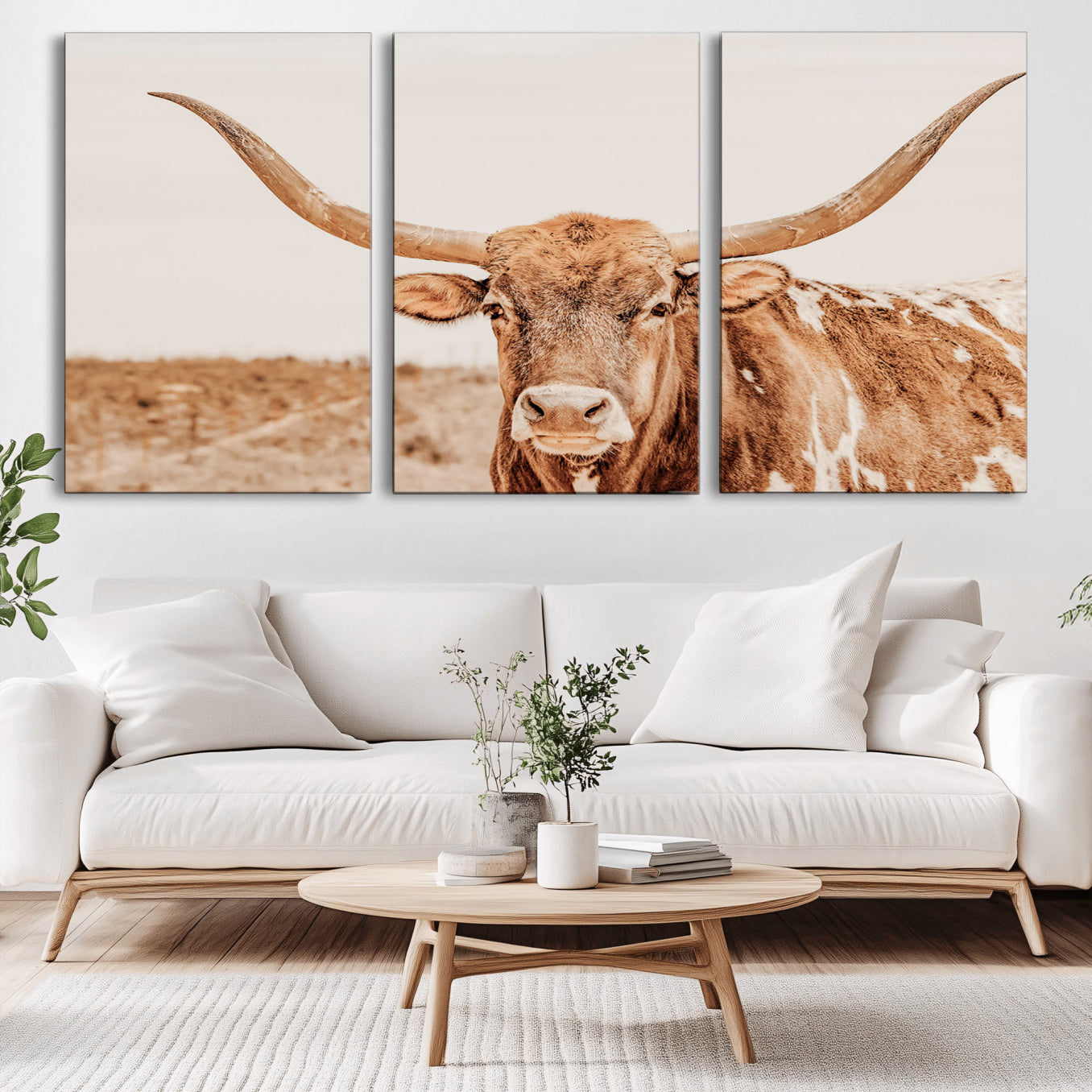 -Longhorn Bull Wall Art Canvas Print, Framed Western Cow Art Picture Print, Rustic Farmhouse Perfect Neutral Farmhouse Decor Artwork