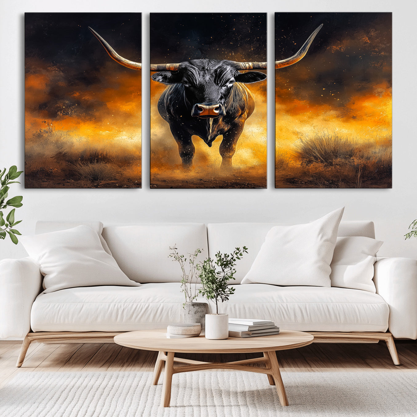 58293979-MGV-CV-36X24-Longhorn Canvas Wall Art Canvas Print – Framed Bold Bull Western Animal Dramatic Ranch Artwork for Home Office