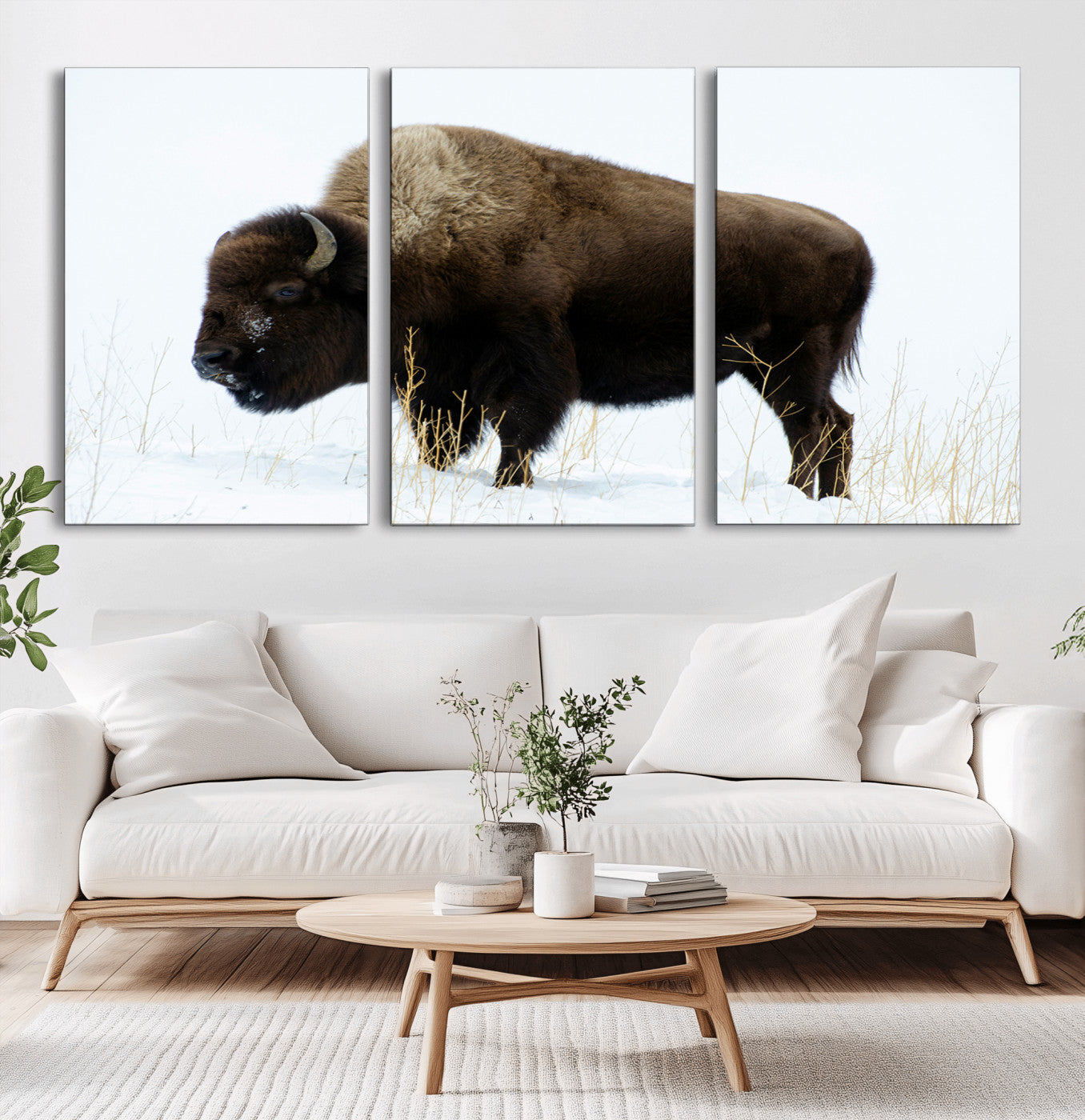 -Bison Wall Art Canvas Print – Framed Western Wildlife Buffalo Snow Rustic Nature Scene Artwork for Home Office
