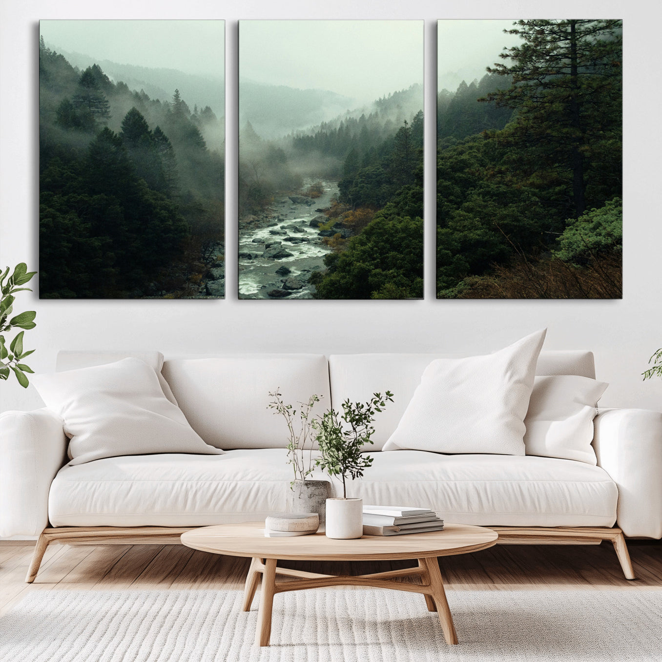 48497565-MGV-CV-36X24-Misty Forest Wall Art Canvas Print – Framed Foggy River Moody Landscape Wilderness Nature Scene Artwork for Home Office