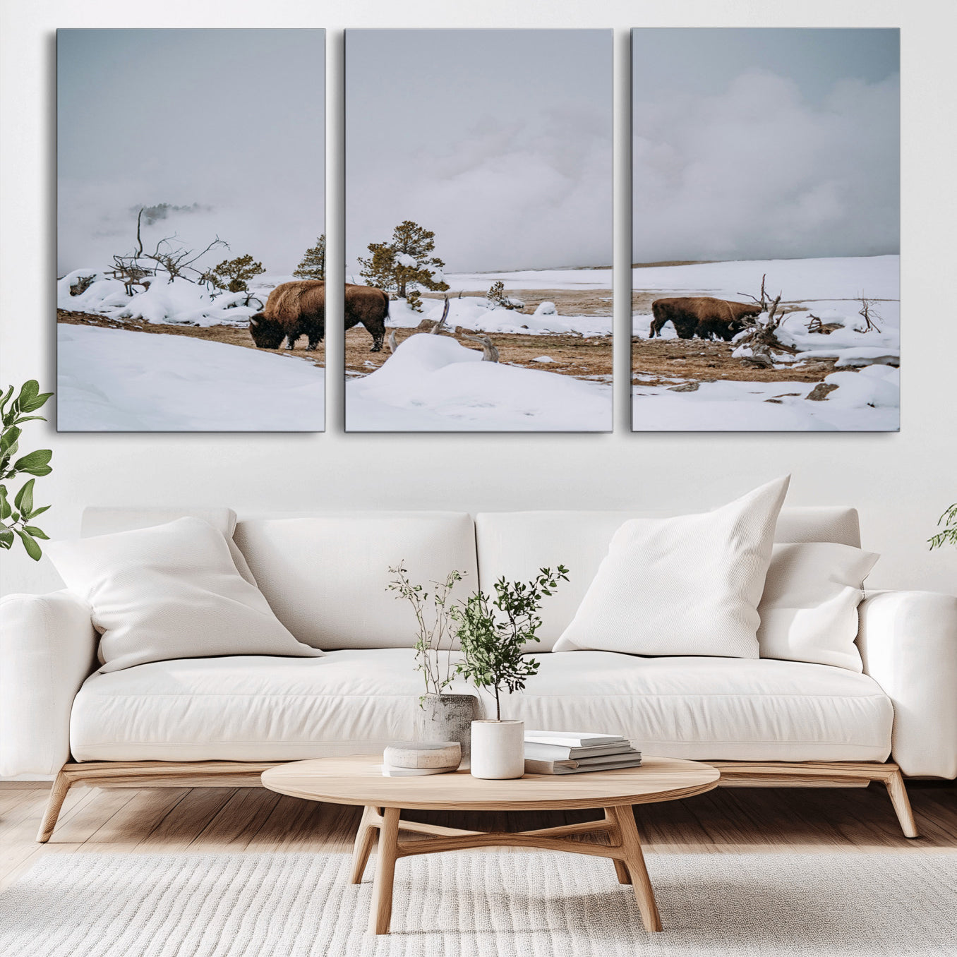 -Bison Wildlife Wall Art Canvas Print – Framed Snowy Prairie Western Rustic Nature Scene Artwork for Home Office