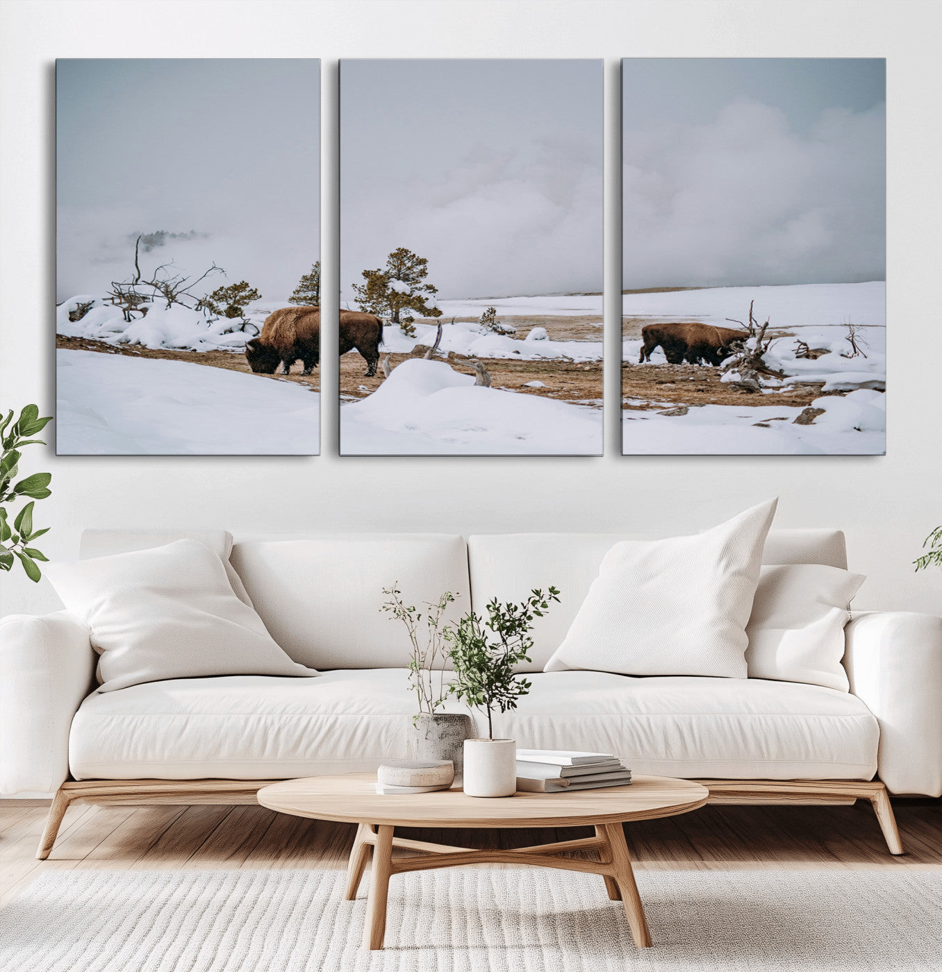 -Bison Wildlife Wall Art Canvas Print – Framed Snowy Prairie Western Rustic Nature Scene Artwork for Home Office