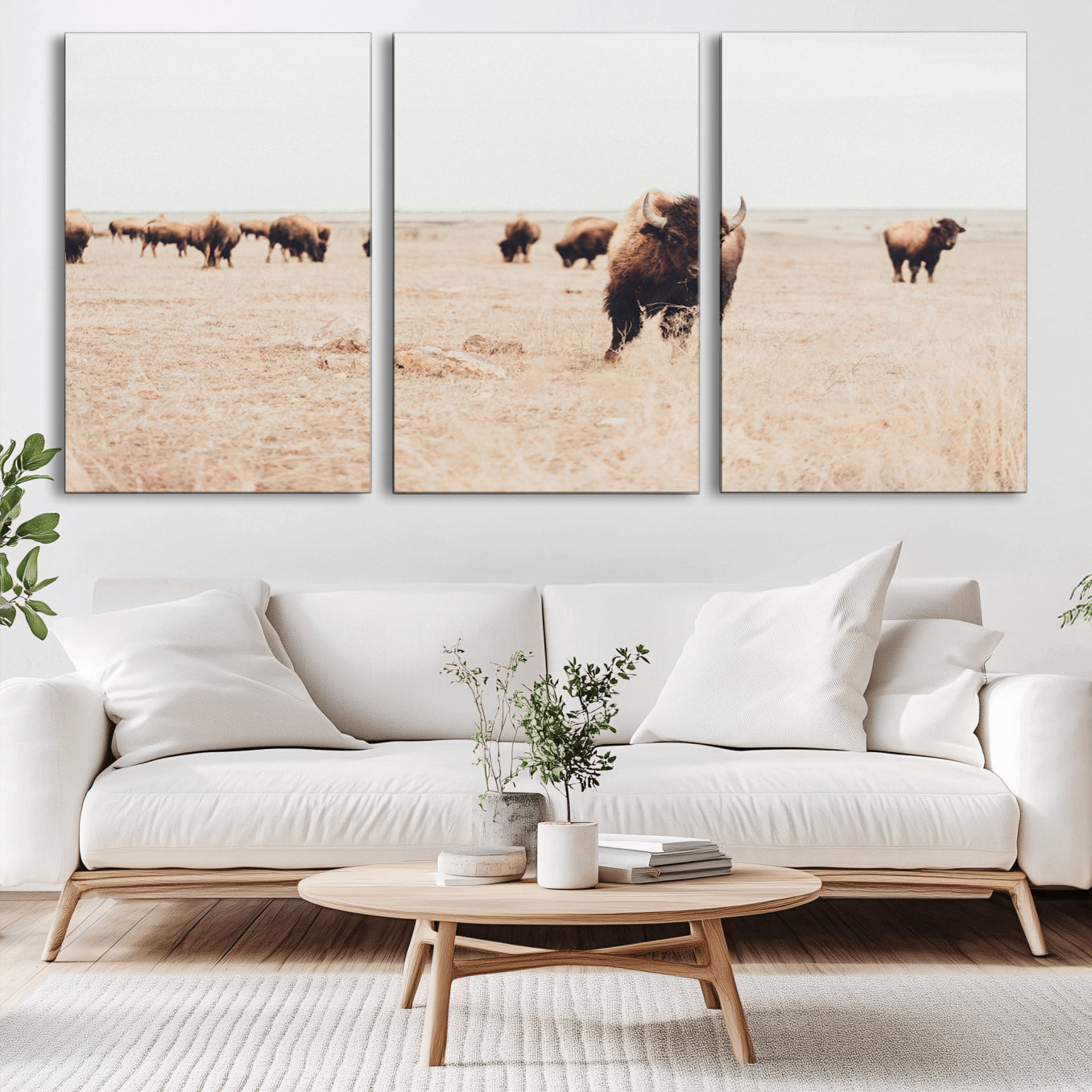 61367865-MGV-CV-36X24-Bison Herd Wall Art Canvas Print – Framed Western Prairie Serenity Ranch Nature Scene Artwork for Home Office