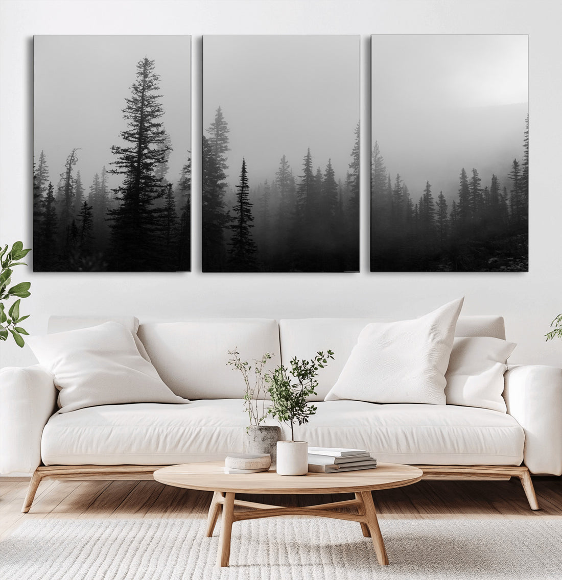 Misty Pines Wall Art Canvas Print, Framed Woodland Minimalist Black and White