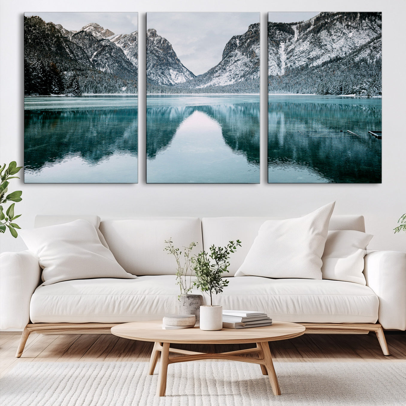 73098373-MGV-CV-60X30-3P-Mountain Lake Wall Art Canvas Print – Snowy Peaks Winter Wonderland Scene Serene Nature Landscape Artwork for Home Office