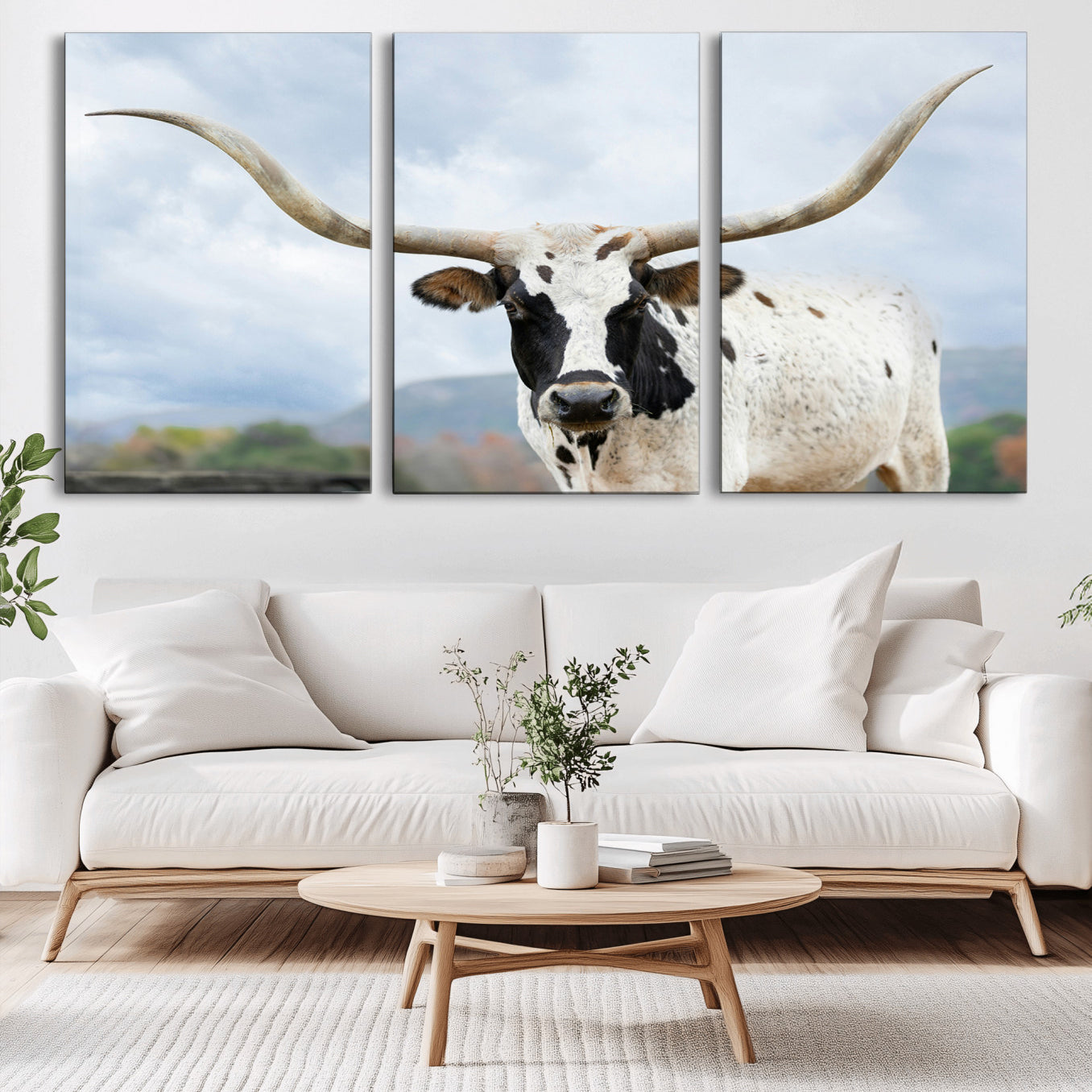 -Texas Longhorn Wall Art Canvas Print – Framed Western Rustic Farmhouse Nature Scene Artwork for Home Office