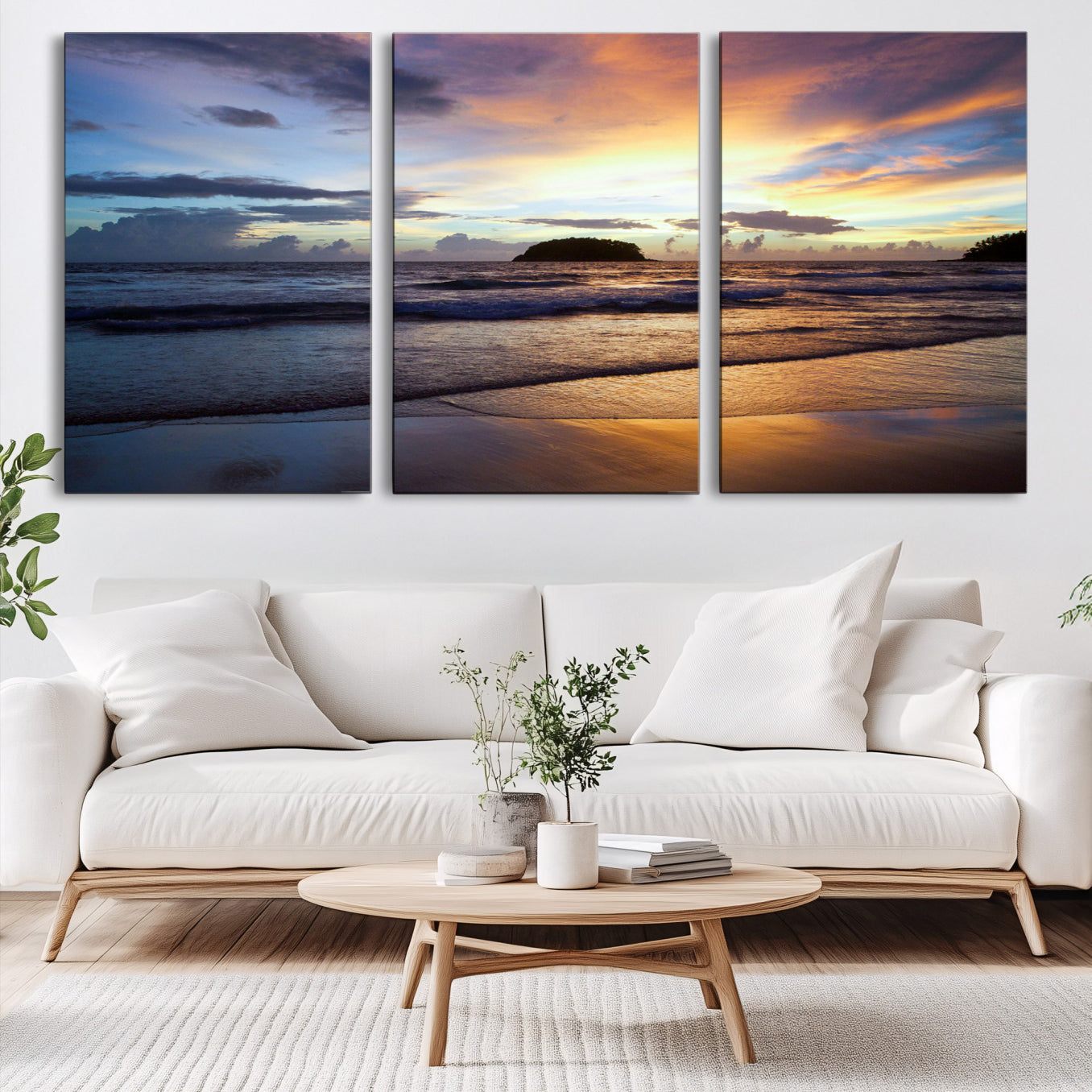 36714356-MGV-CV-60X30-3P-Beach Sunset Wall Art Canvas Print – Tropical Ocean Waves Golden Sky Serene Seascape Nature Artwork for Home Office