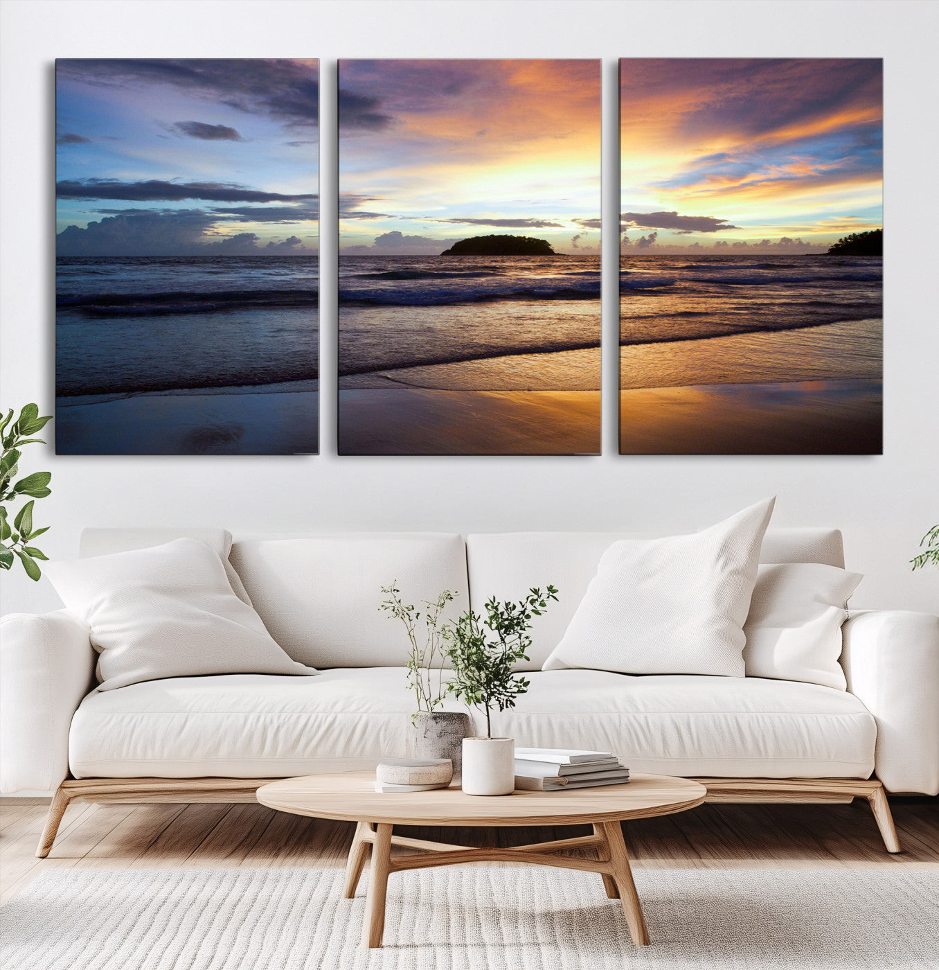 36714356-MGV-CV-60X30-3P-Beach Sunset Wall Art Canvas Print – Tropical Ocean Waves Golden Sky Serene Seascape Nature Artwork for Home Office