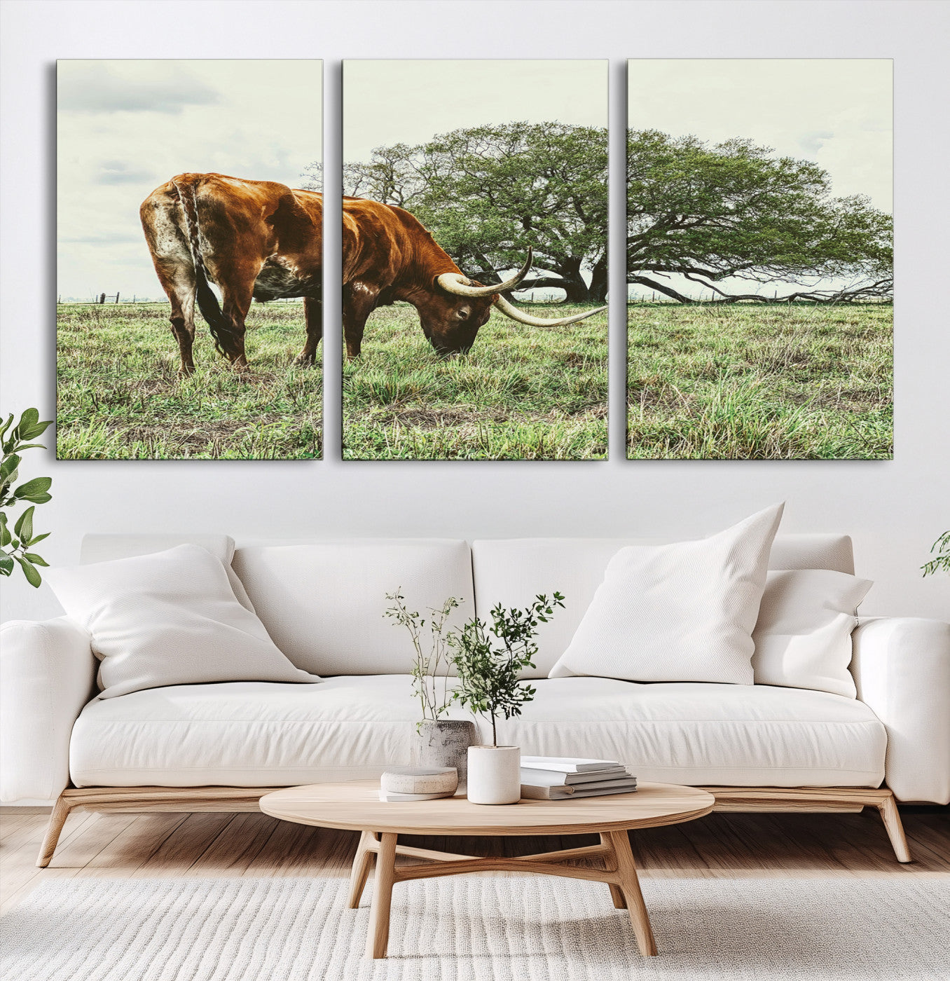 91866234-MGV-CV-60X30-3P-Texas Longhorn Wall Art Canvas Print – Rustic Western Ranch Scene Cattle Country Farmhouse Artwork for Home Office