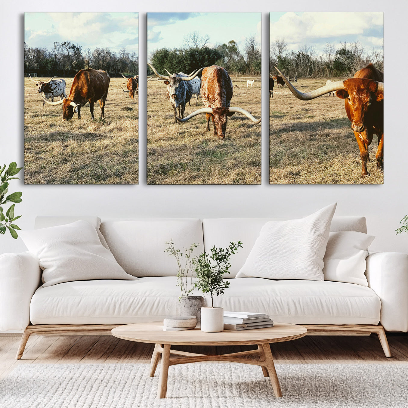 39144651-MGV-CV-60X30-3P-Texas Longhorns Wall Art Canvas Print – Rustic Western Farm Scene Cattle Country Landscape Artwork for Home Office