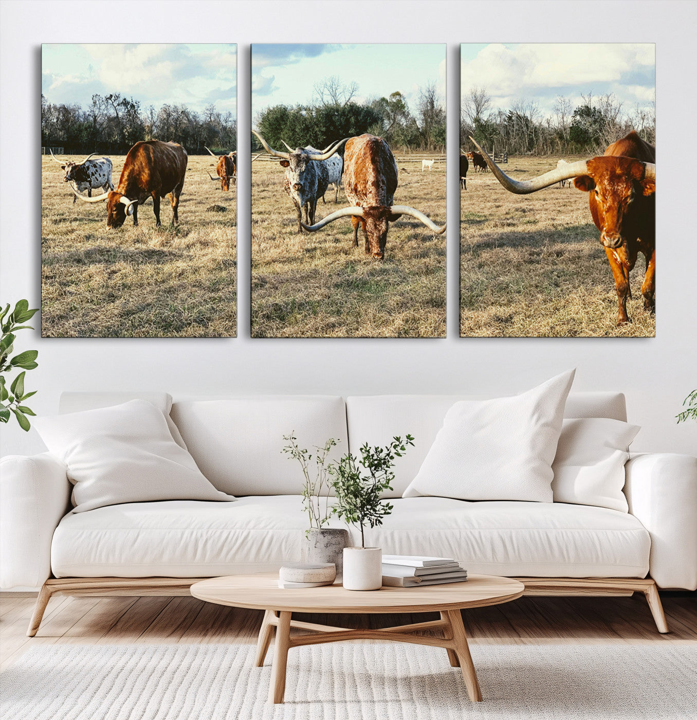 39144651-MGV-CV-60X30-3P-Texas Longhorns Wall Art Canvas Print – Rustic Western Farm Scene Cattle Country Landscape Artwork for Home Office