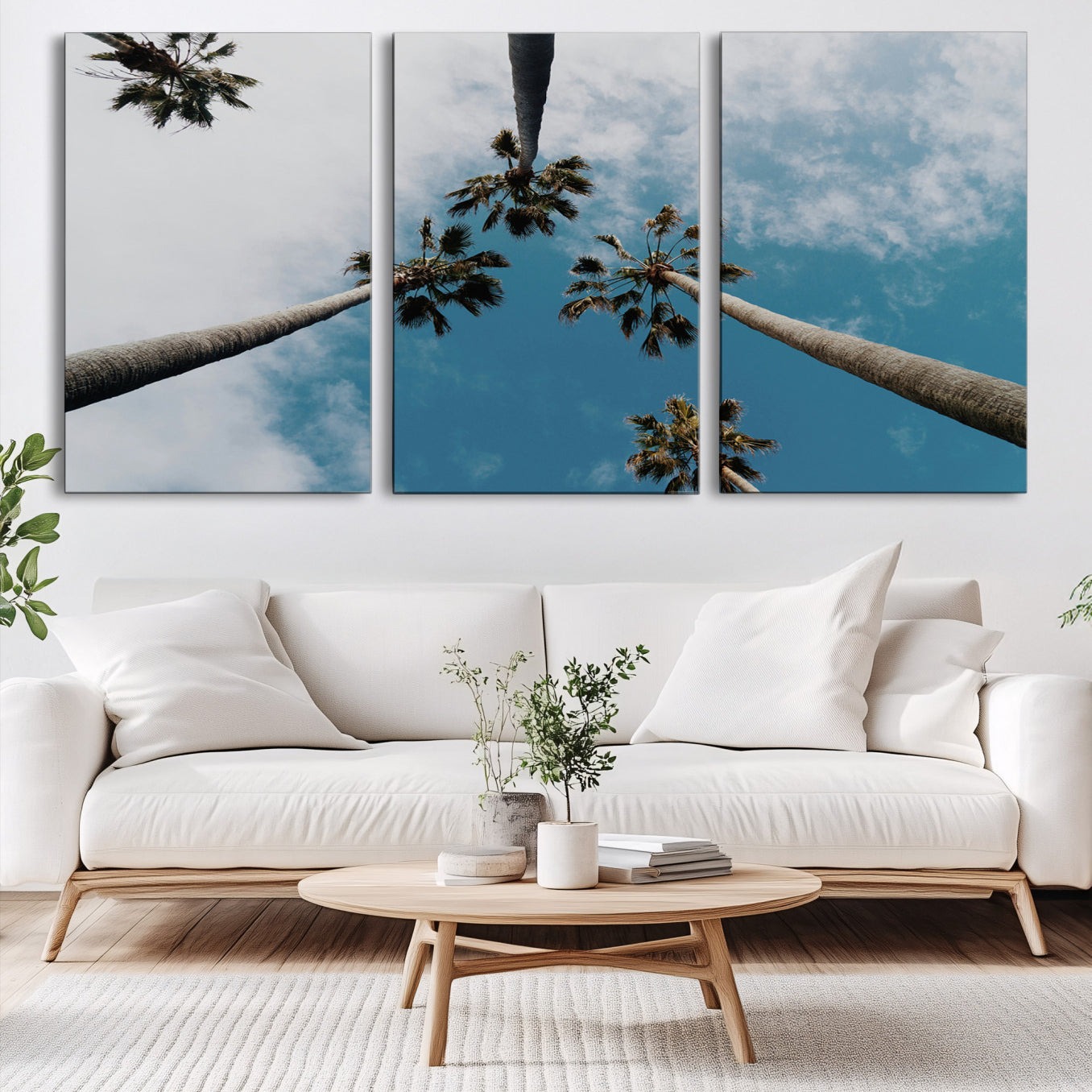 45236398-MGV-CV-60X30-3P-Tropical Palm Trees Wall Art Canvas Print – Framed California Sky Minimalist Nature Scene Artwork for Home Office