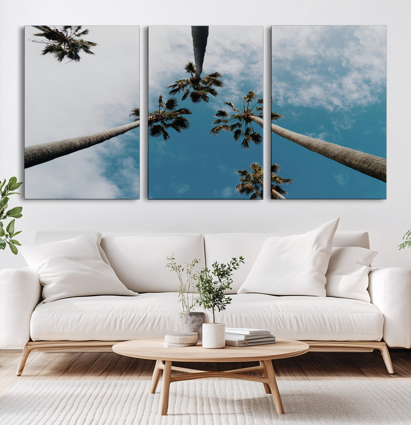 45236398-MGV-CV-60X30-3P-Tropical Palm Trees Wall Art Canvas Print – Framed California Sky Minimalist Nature Scene Artwork for Home Office