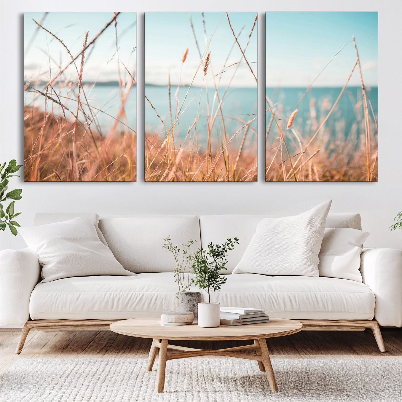 36108696-MGV-CV-60X30-3P-Coastal Grass Landscape Wall Art Canvas Print – Golden Shoreline Nature Scene Serene Ocean View Artwork for Home Office