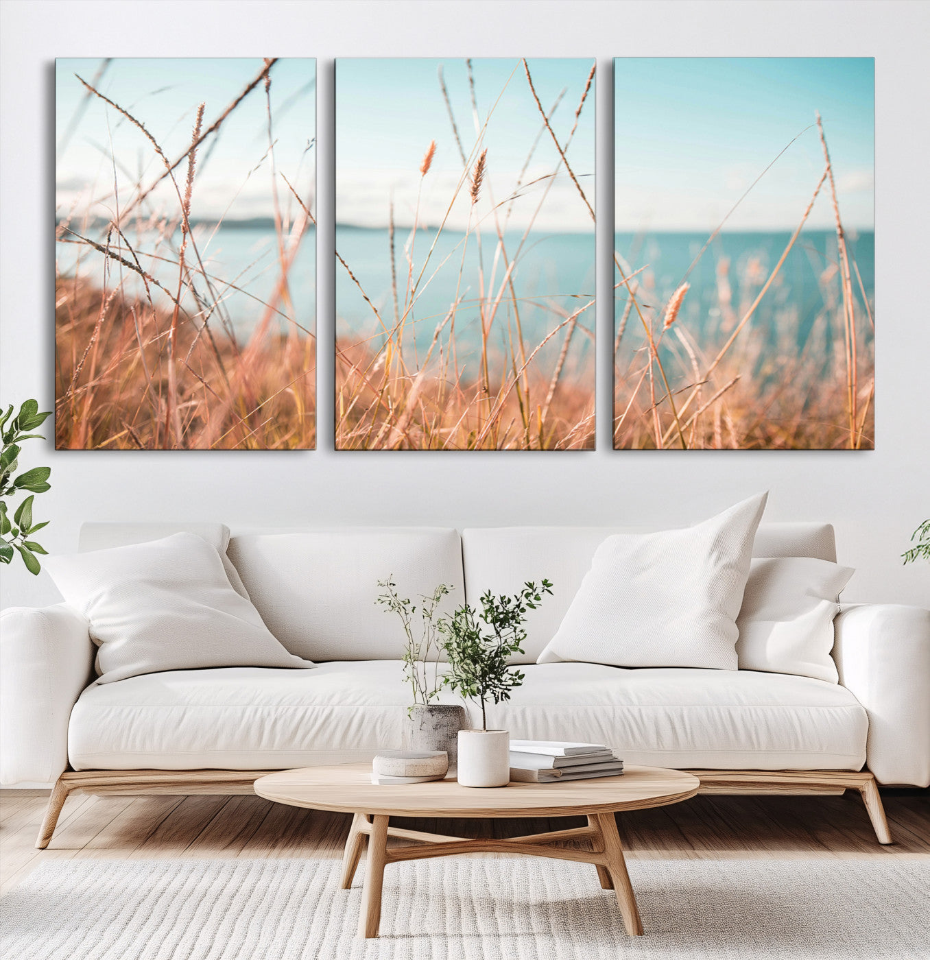 36108696-MGV-CV-60X30-3P-Coastal Grass Landscape Wall Art Canvas Print – Golden Shoreline Nature Scene Serene Ocean View Artwork for Home Office