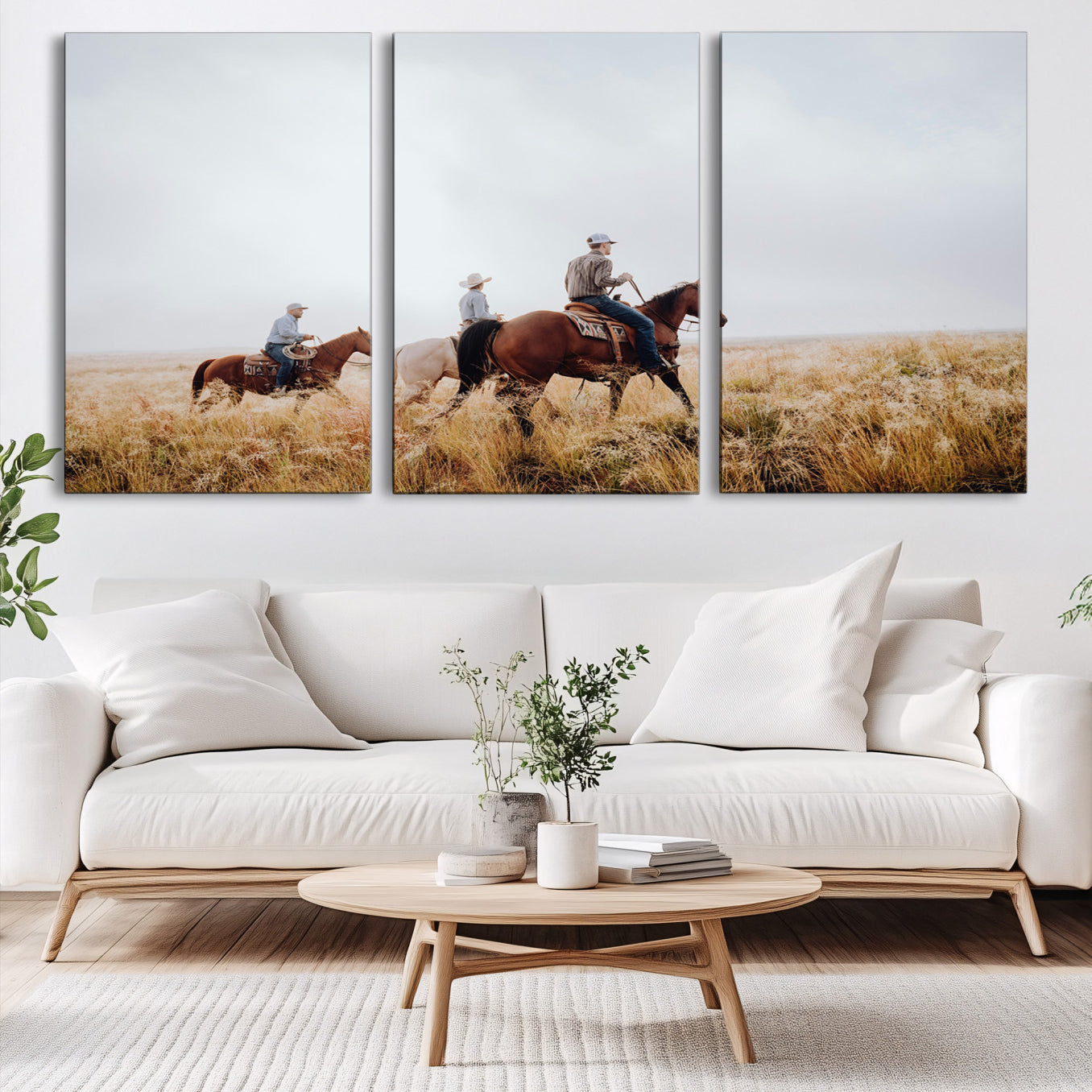 94723307-MGV-CV-60X30-3P-Western Cowboys Wall Art Canvas Print – Rustic Prairie Horseback Riding Scene Country Landscape Artwork for Home Office
